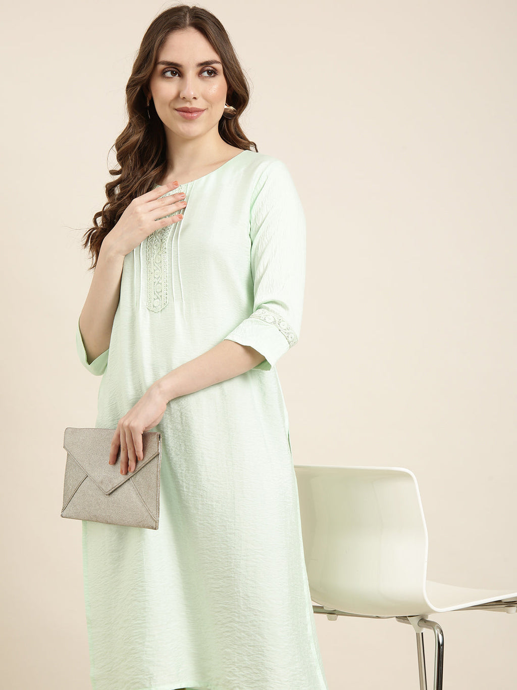 Women's Straight Sea Green Solid Kurta