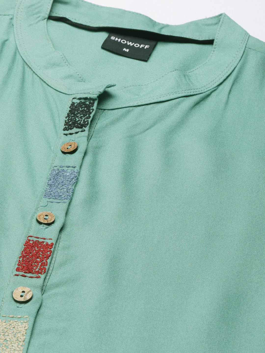 Women's Sea Green Mandarin Collar Thread Work Straight Kurta