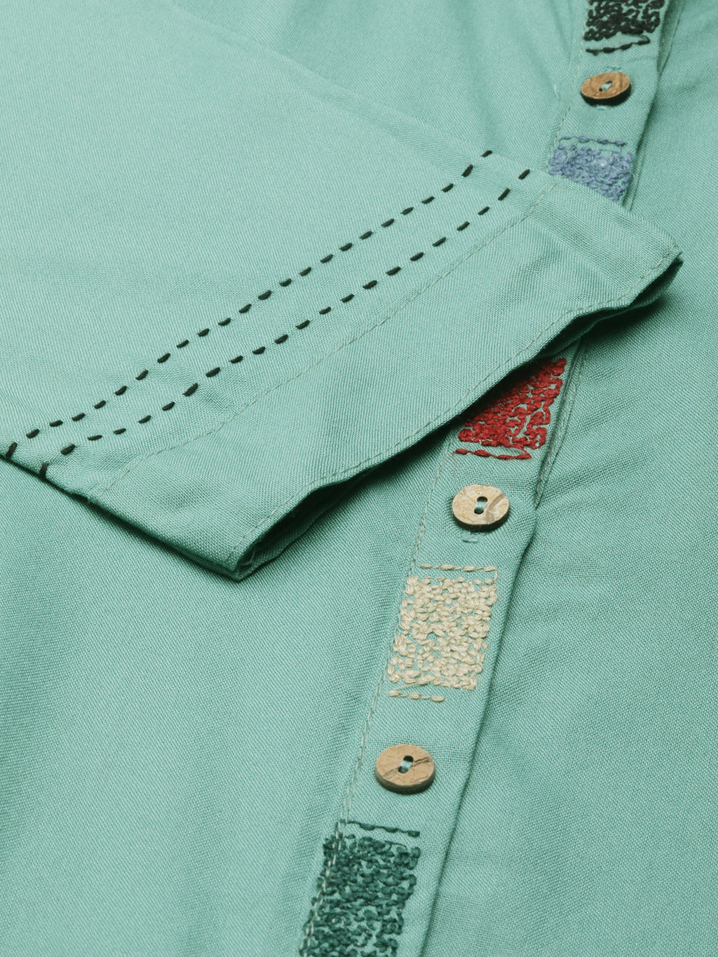 Women's Sea Green Mandarin Collar Thread Work Straight Kurta