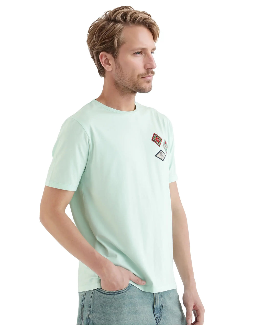 Rare Rabbit Men's Dorl Light Blue Cotton Graphic Print Regular Fit Half Sleeve Crew Neck T-Shirt