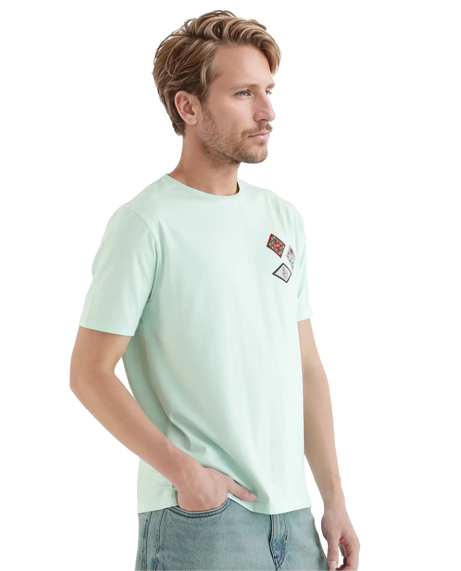 Rare Rabbit Men's Dorl Light Blue Cotton Graphic Print Regular Fit Half Sleeve Crew Neck T-Shirt