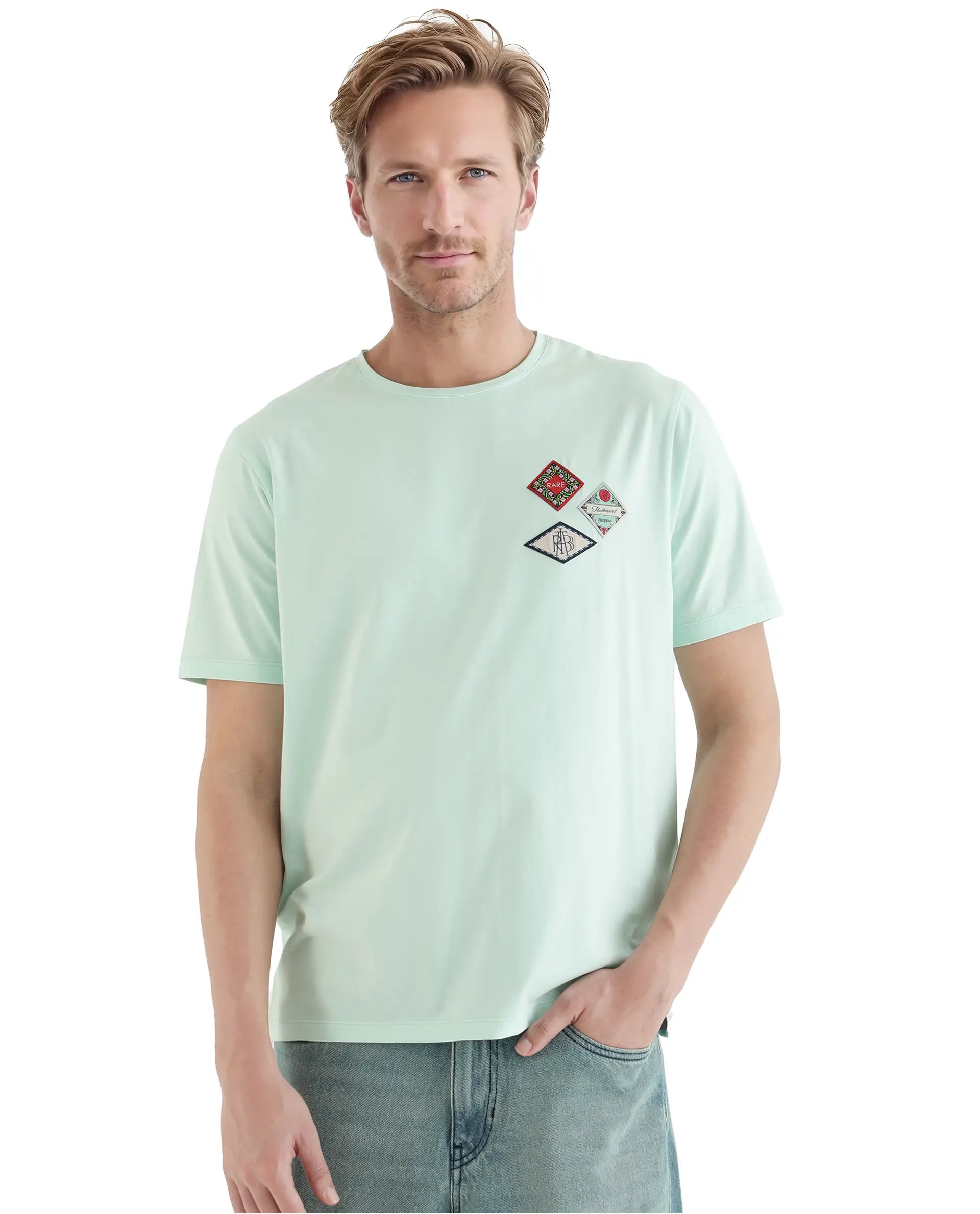 Rare Rabbit Men's Dorl Light Blue Cotton Graphic Print Regular Fit Half Sleeve Crew Neck T-Shirt