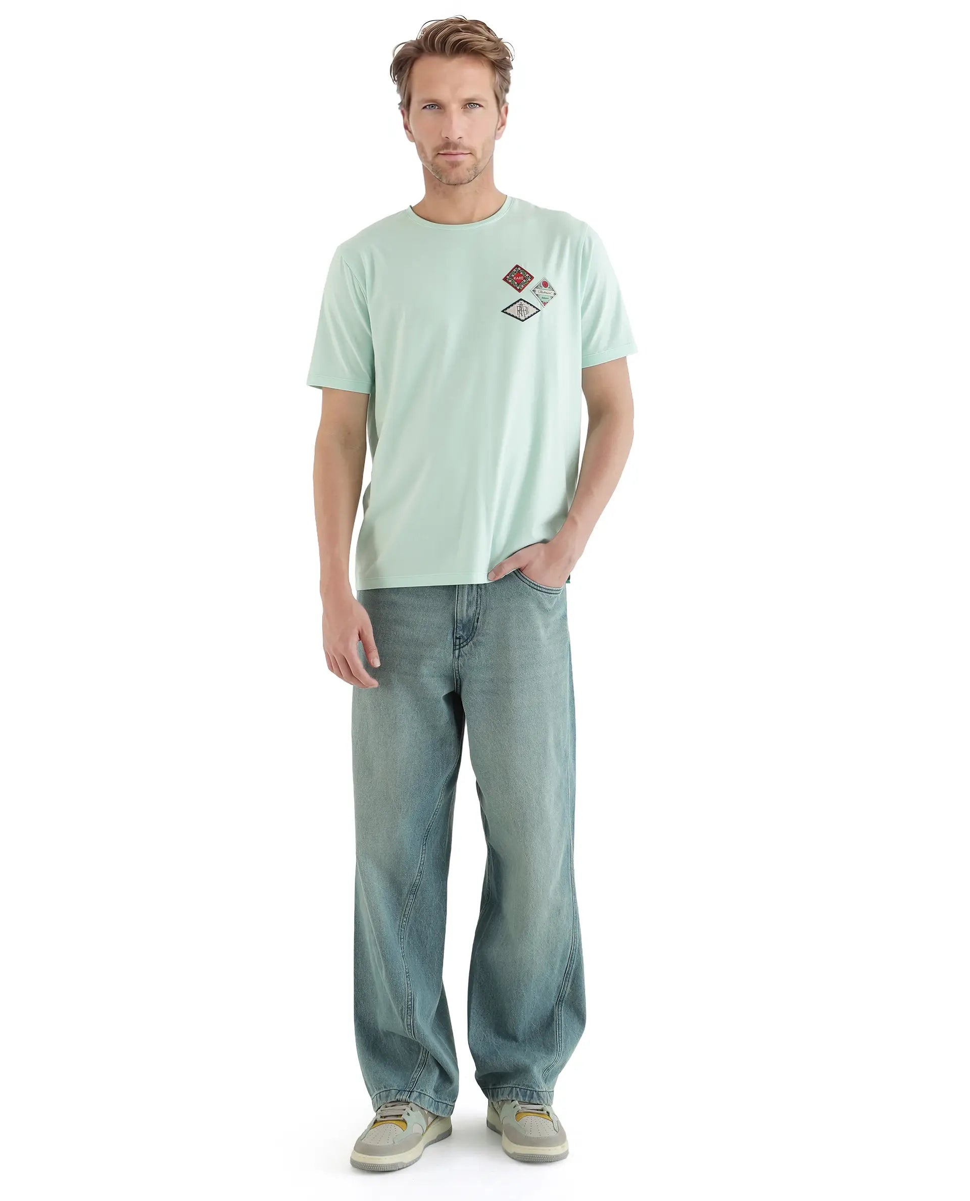Rare Rabbit Men's Dorl Light Blue Cotton Graphic Print Regular Fit Half Sleeve Crew Neck T-Shirt