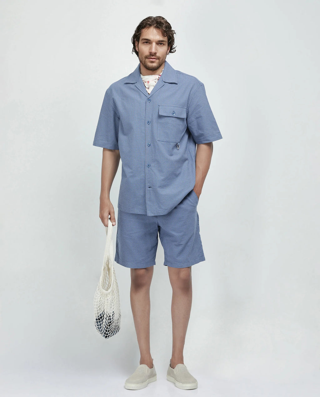 Rare Rabbit Men's Dorn Blue Cotton Blend Checked Print Relaxed Fit Shorts