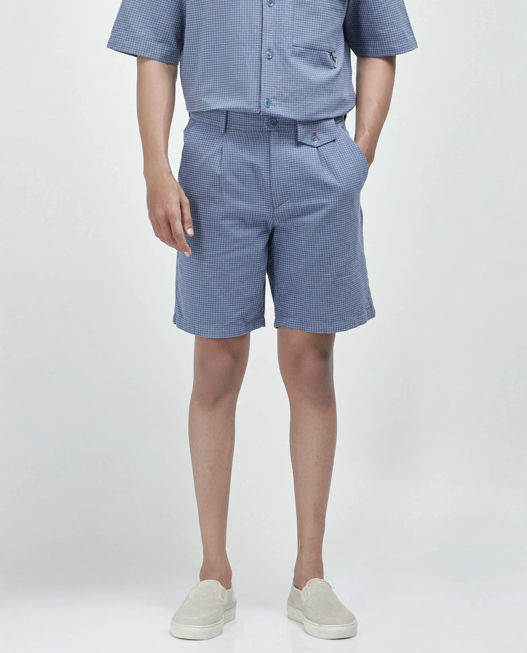 Rare Rabbit Men's Dorn Blue Cotton Blend Checked Print Relaxed Fit Shorts