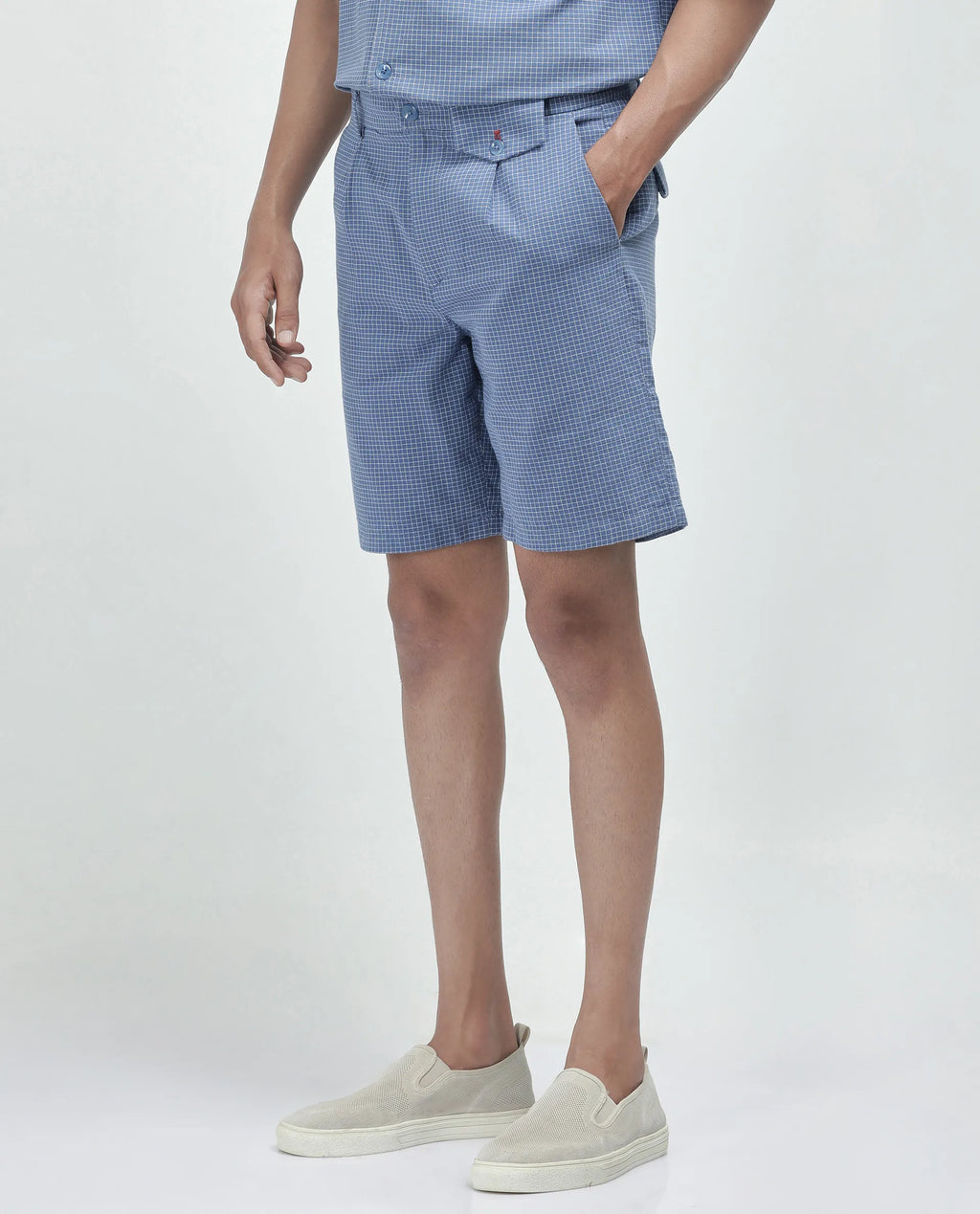 Rare Rabbit Men's Dorn Blue Cotton Blend Checked Print Relaxed Fit Shorts