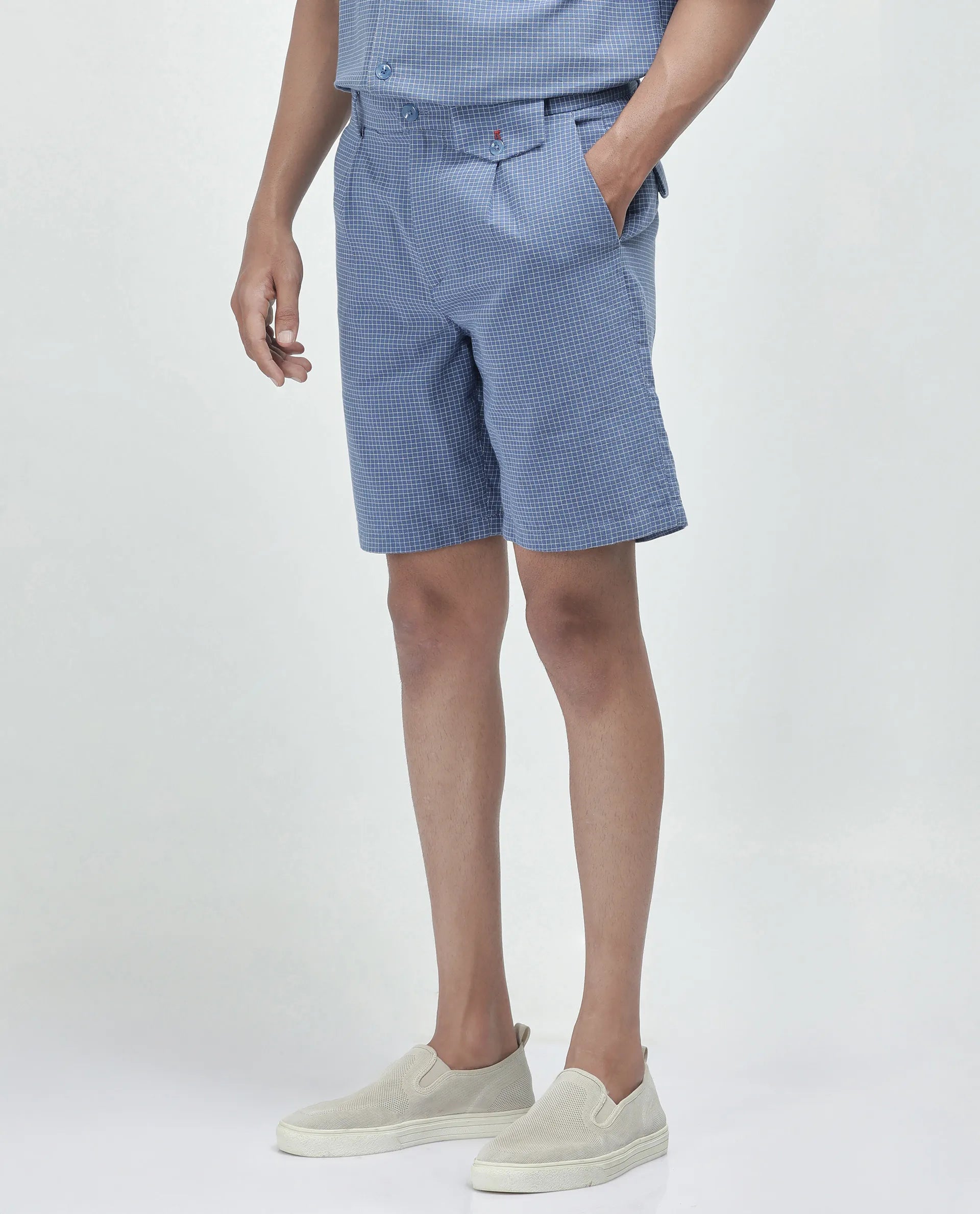 Rare Rabbit Men's Dorn Blue Cotton Blend Checked Print Relaxed Fit Shorts