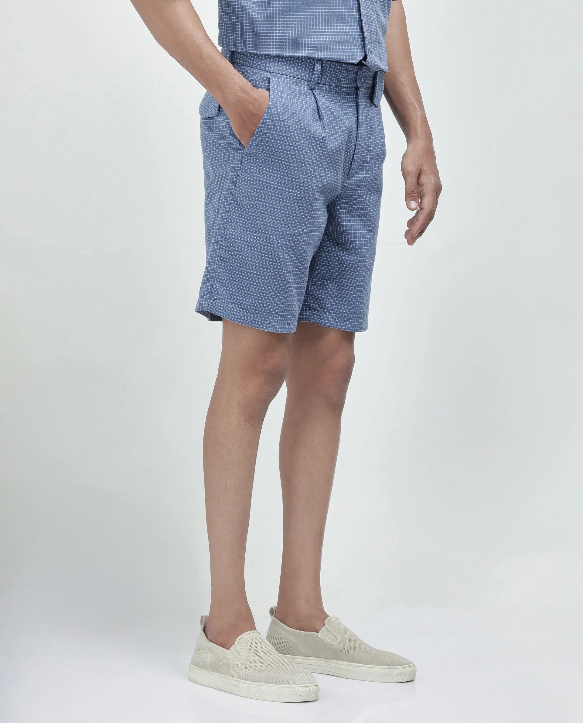 Rare Rabbit Men's Dorn Blue Cotton Blend Checked Print Relaxed Fit Shorts