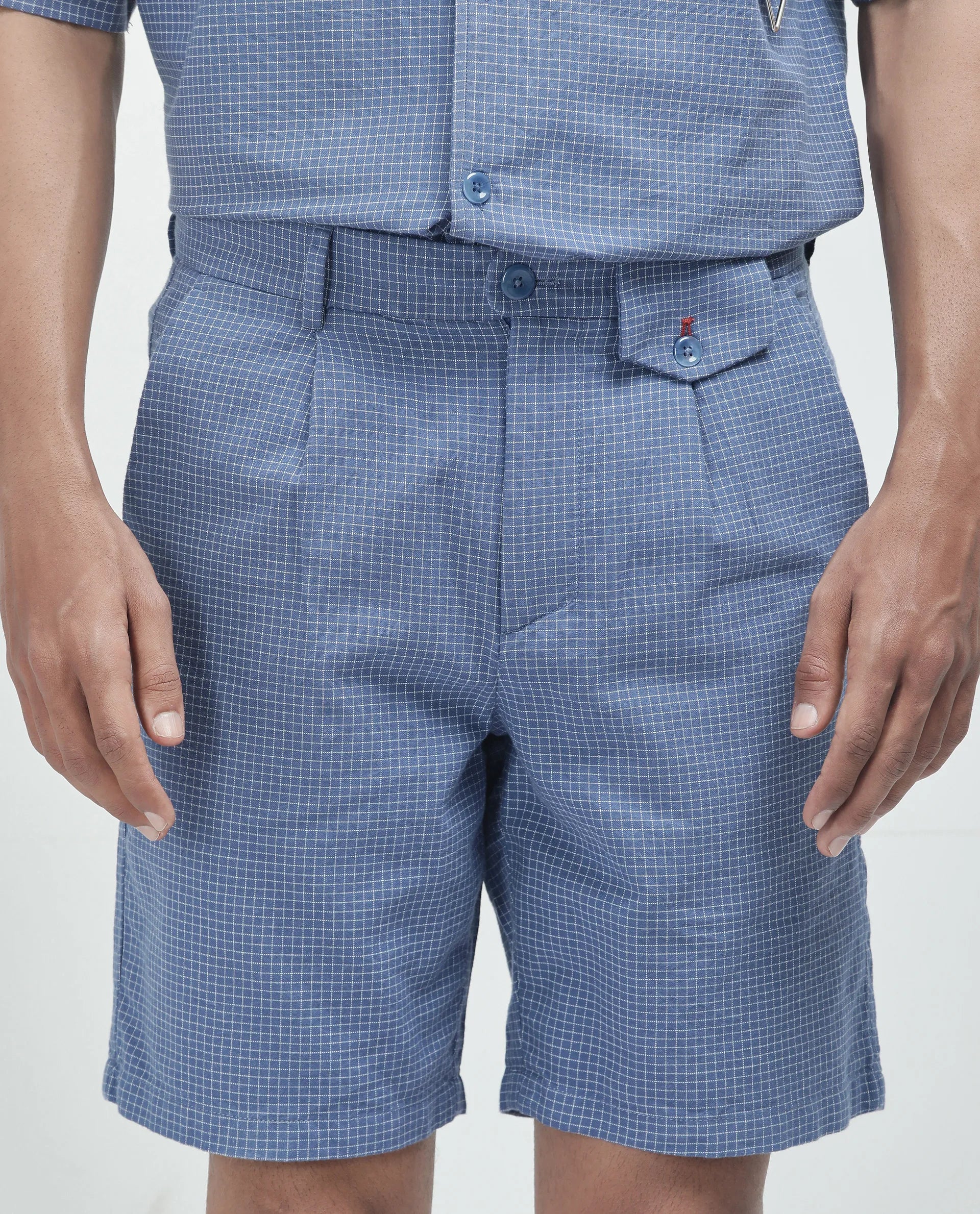 Rare Rabbit Men's Dorn Blue Cotton Blend Checked Print Relaxed Fit Shorts