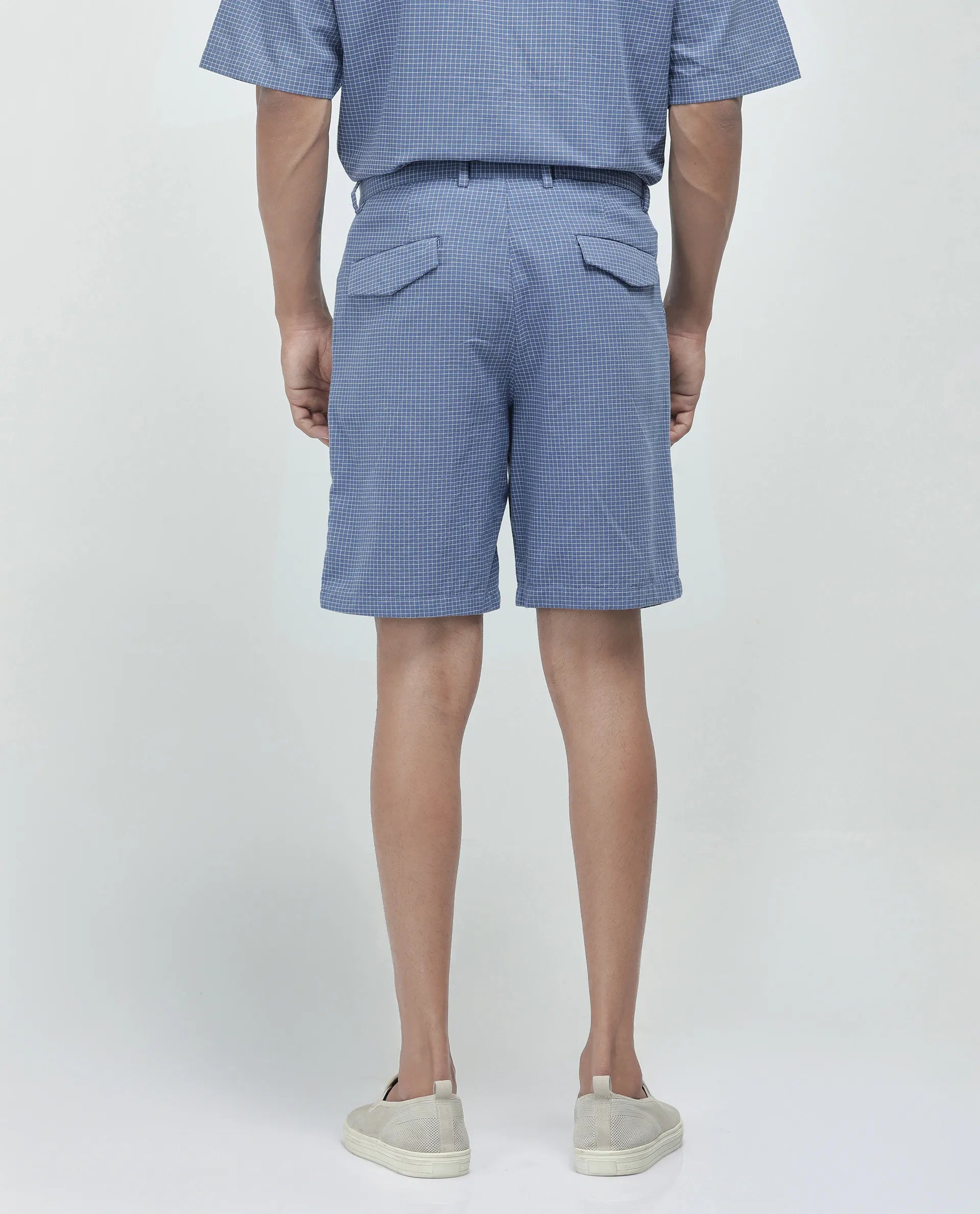 Rare Rabbit Men's Dorn Blue Cotton Blend Checked Print Relaxed Fit Shorts
