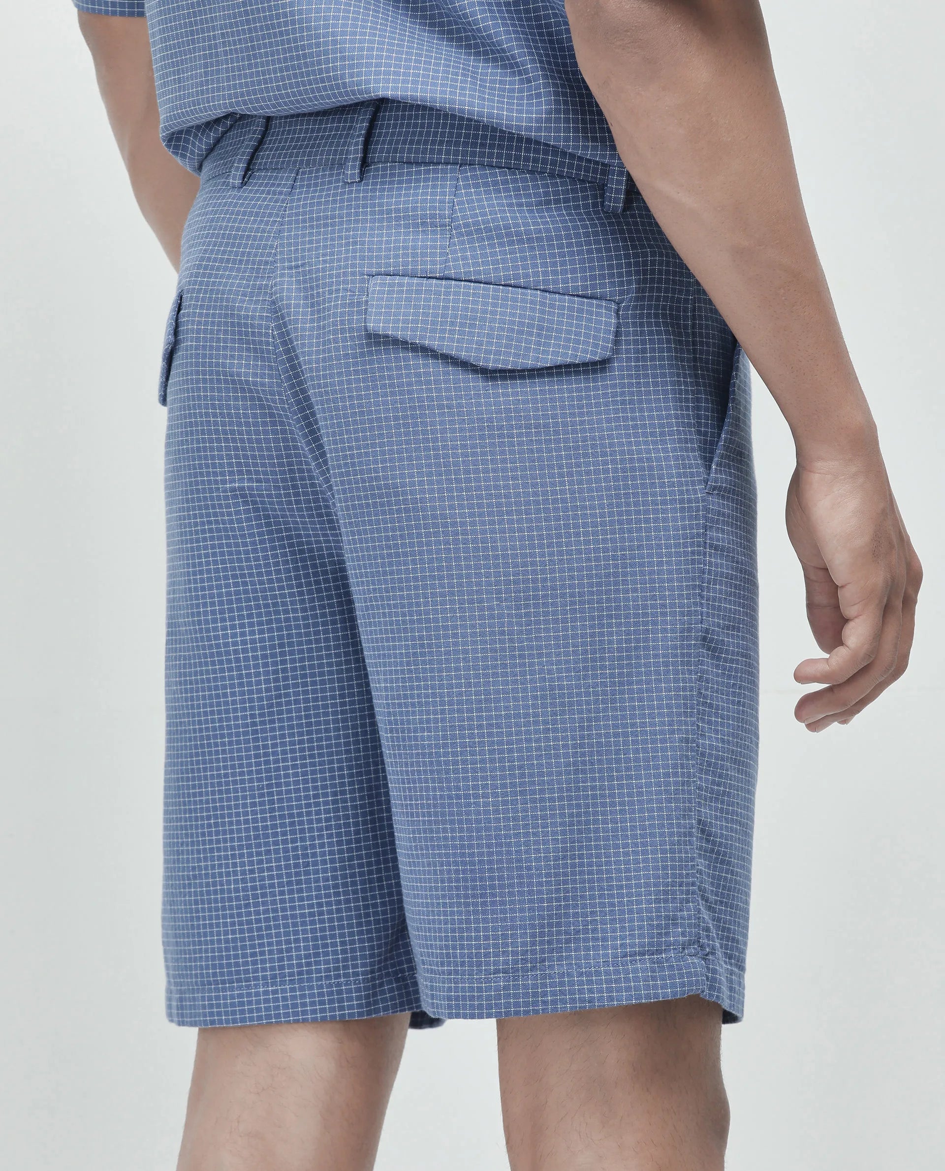 Rare Rabbit Men's Dorn Blue Cotton Blend Checked Print Relaxed Fit Shorts