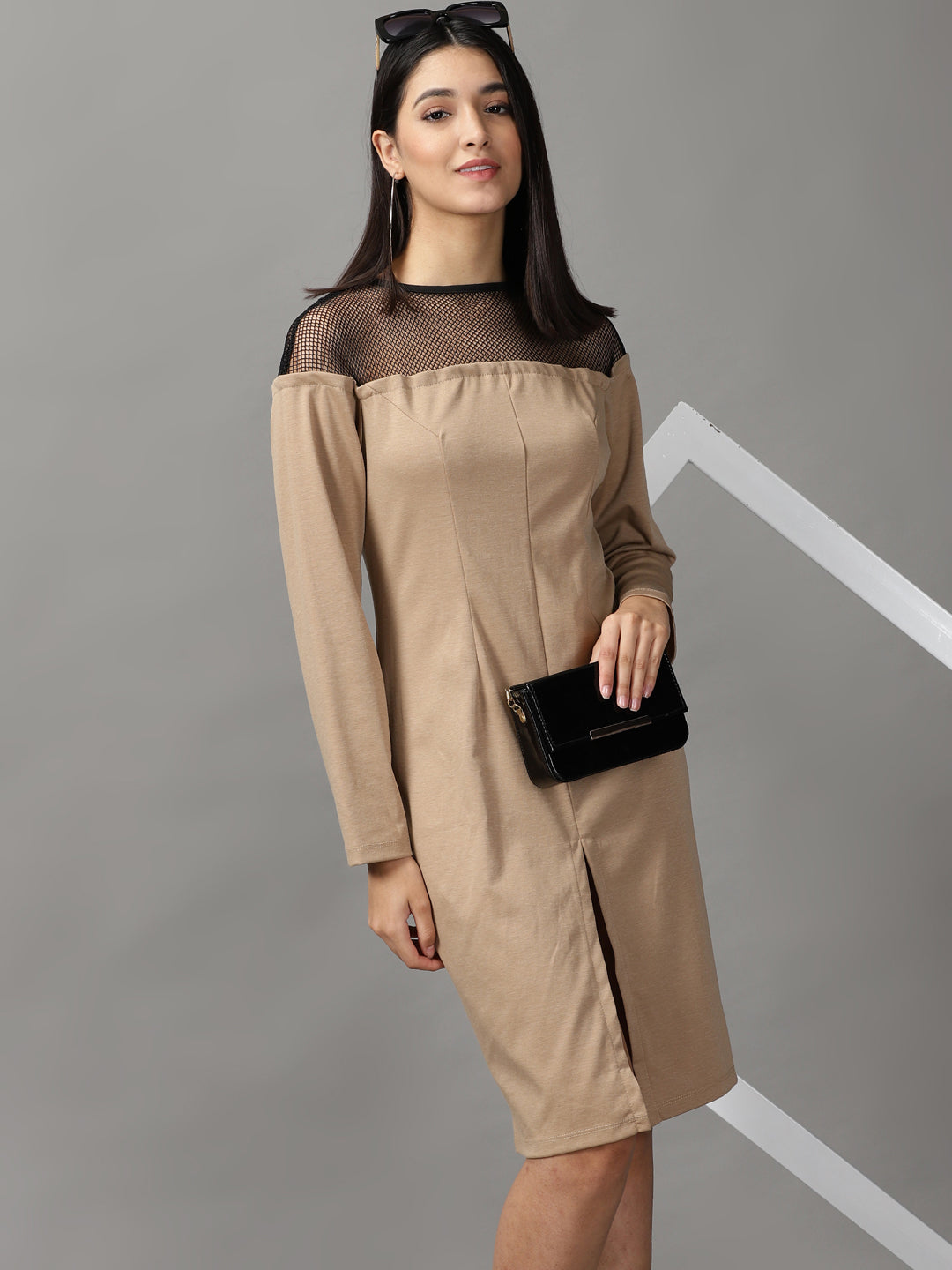 Women's Beige Long Sleeves Round Neck Bodycon Dress