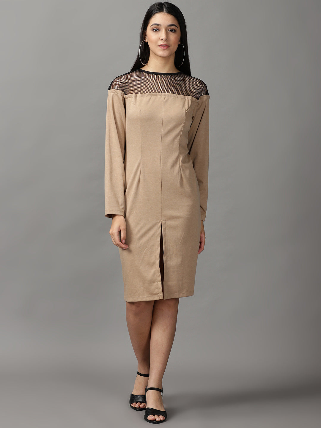 Women's Beige Long Sleeves Round Neck Bodycon Dress