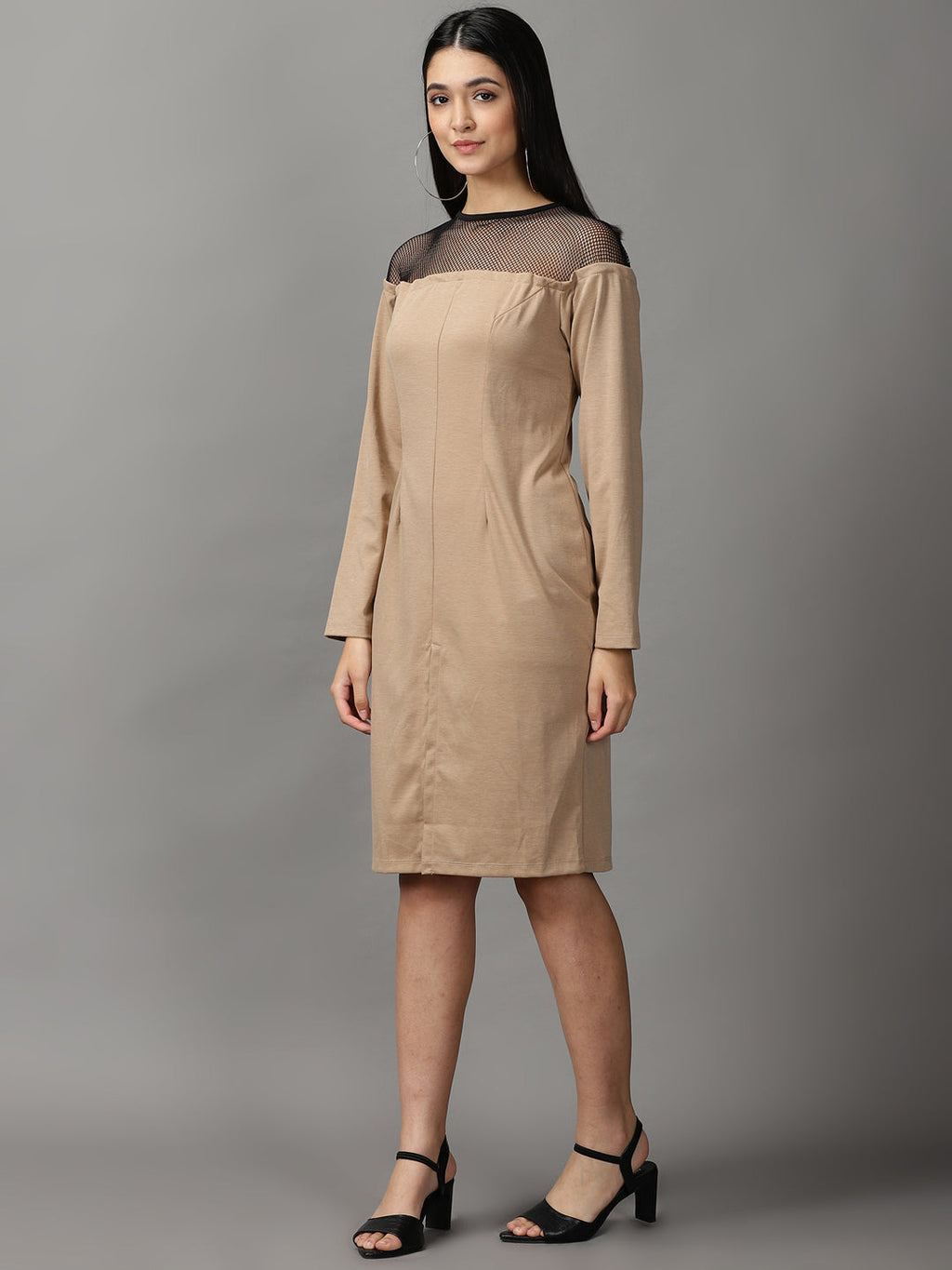 Women's Beige Long Sleeves Round Neck Bodycon Dress