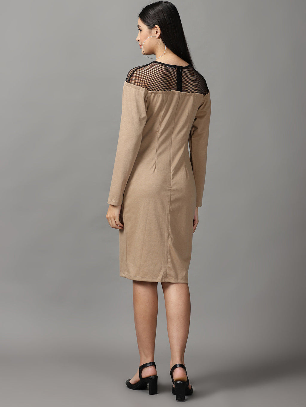 Women's Beige Long Sleeves Round Neck Bodycon Dress