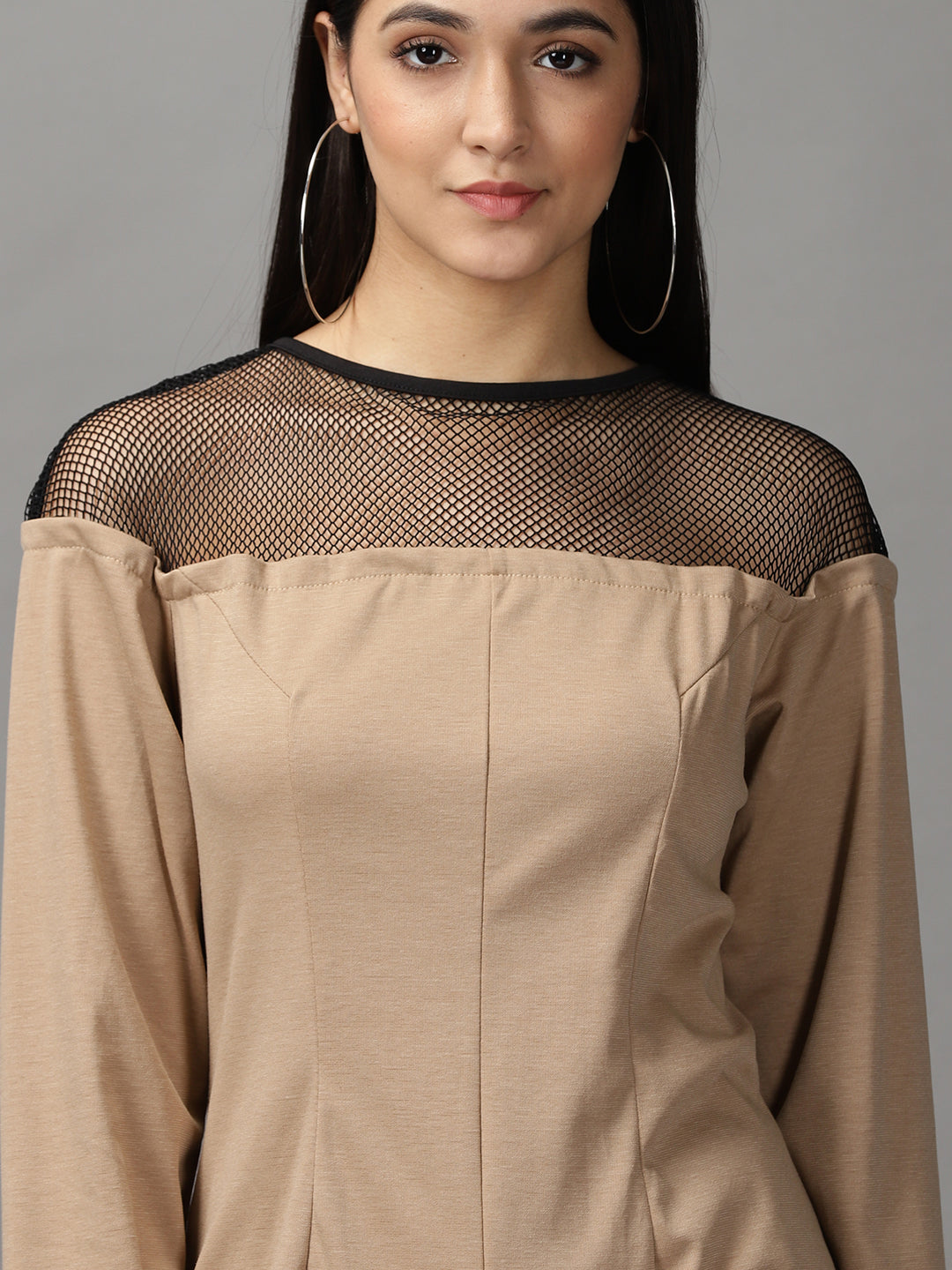Women's Beige Long Sleeves Round Neck Bodycon Dress