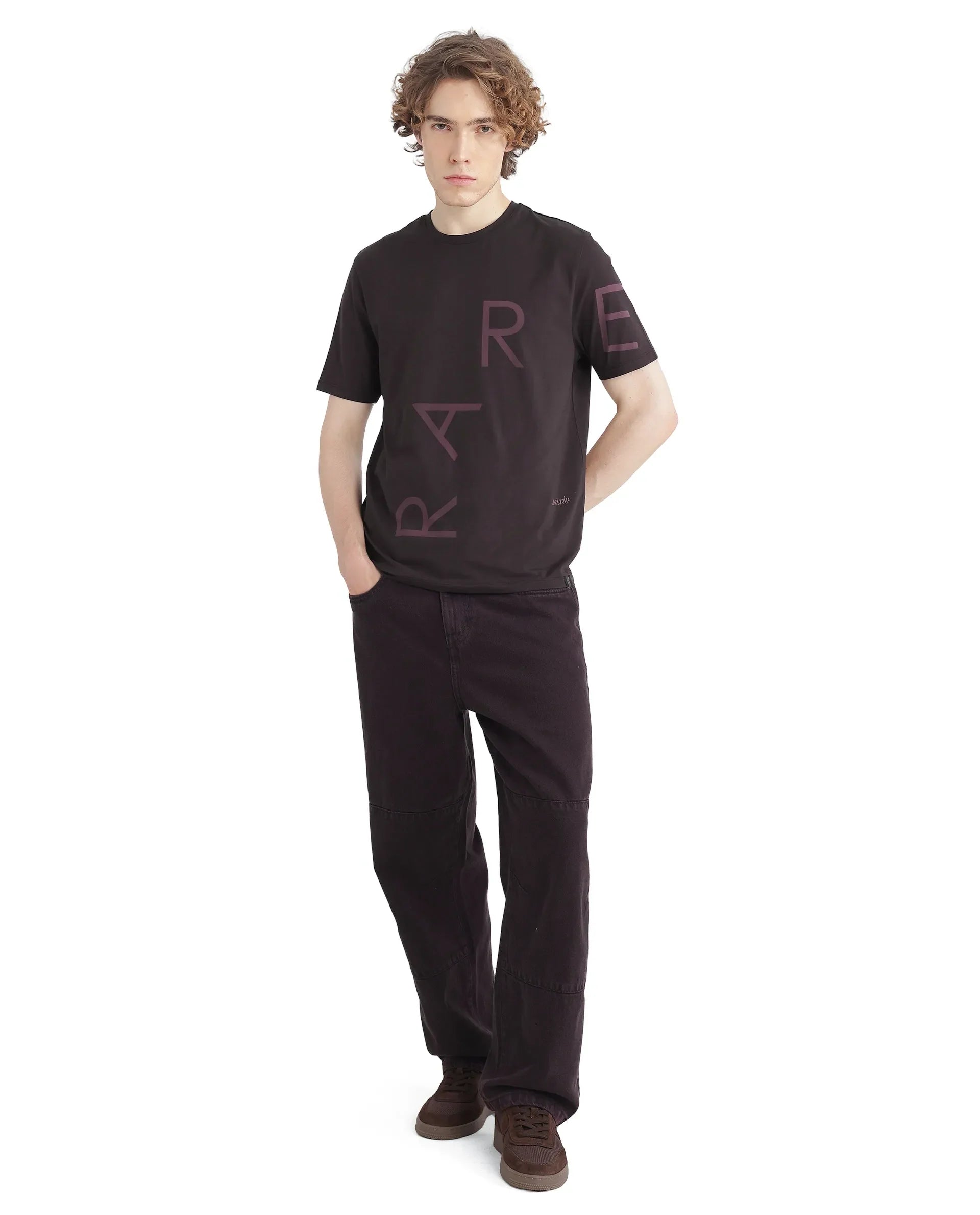 Rare Rabbit Men's Drax Dark Brown Cotton Graphic Print Regular Fit Half Sleeve Crew Neck T-Shirt