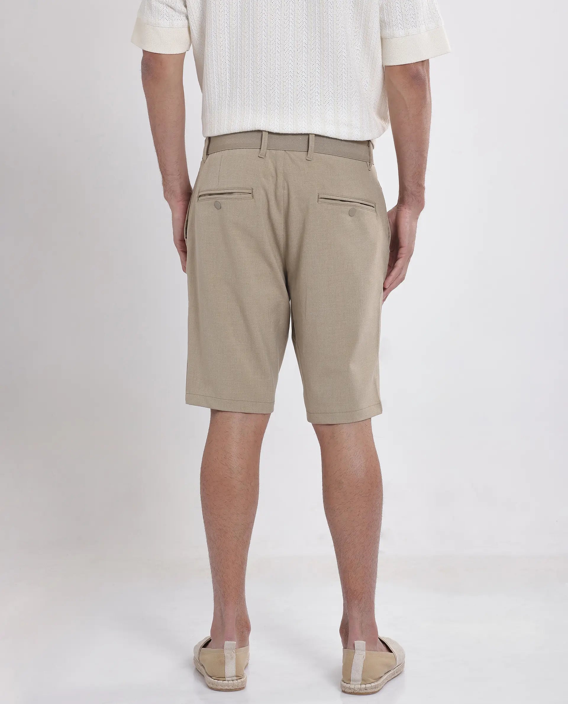 Rare Rabbit Men's Drivo Khaki Cotton Blend Plain Regular Fit Shorts
