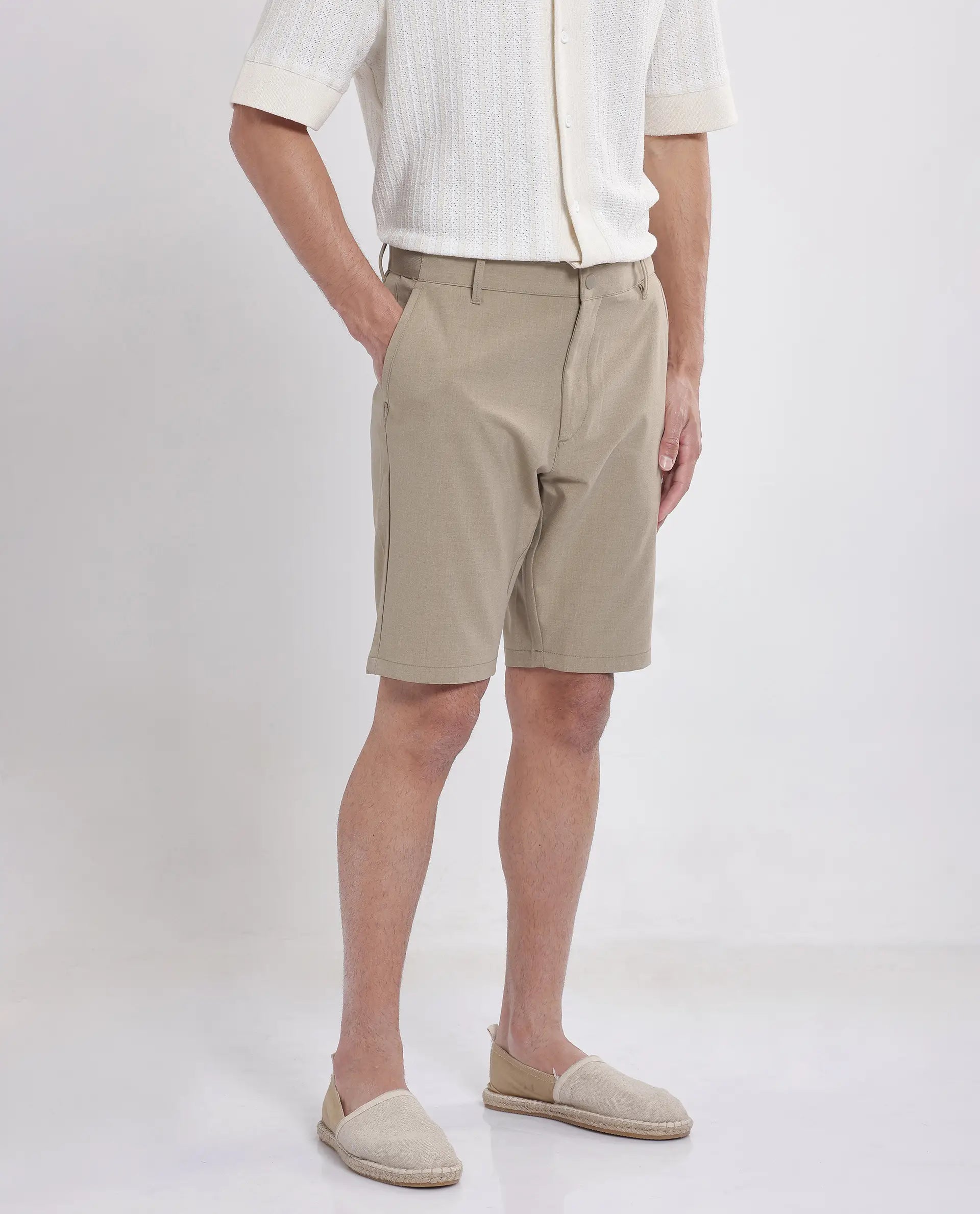 Rare Rabbit Men's Drivo Khaki Cotton Blend Plain Regular Fit Shorts