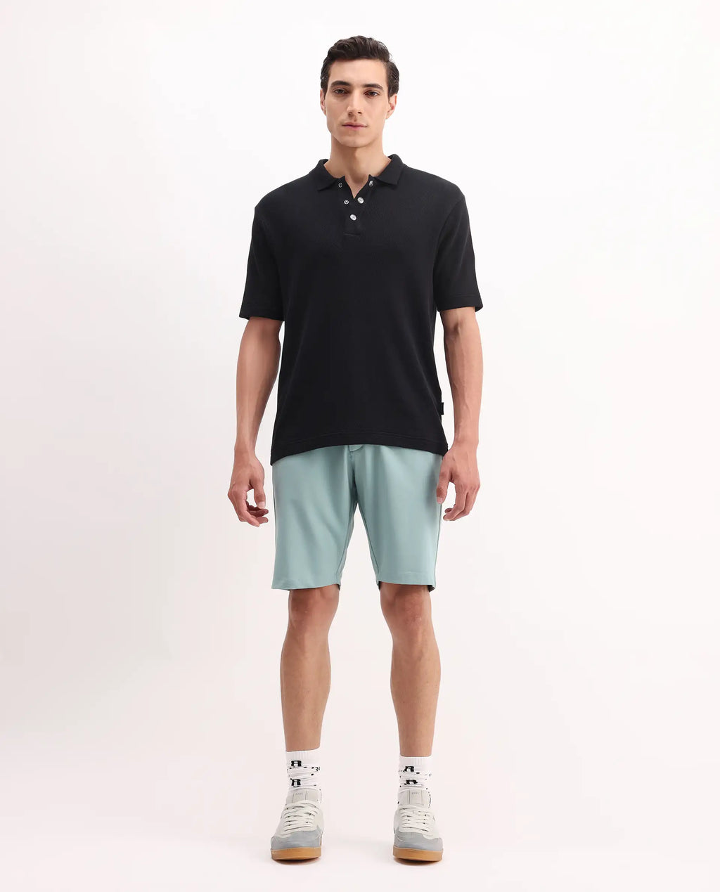 Rare Rabbit Men's Drivo Pastel Green Cotton Blend Plain Regular Fit Shorts