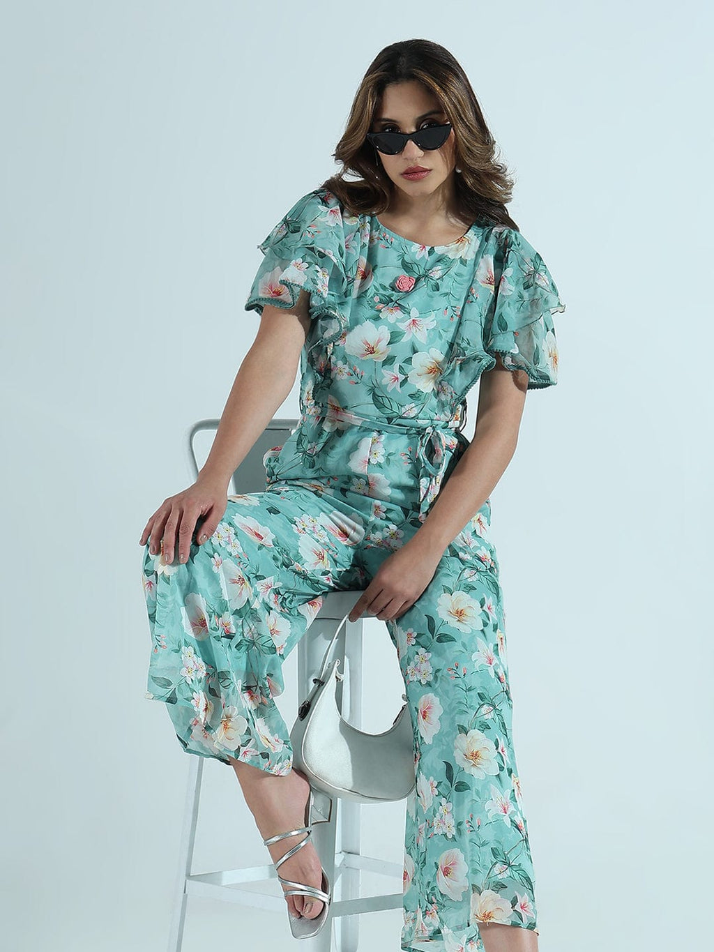 Women's Floral Sea Green Ruffle Sleeves Jumpsuit
