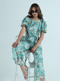 Women's Floral Sea Green Ruffle Sleeves Jumpsuit