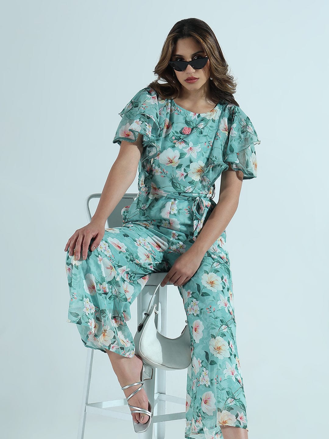 Women's Floral Sea Green Ruffle Sleeves Jumpsuit
