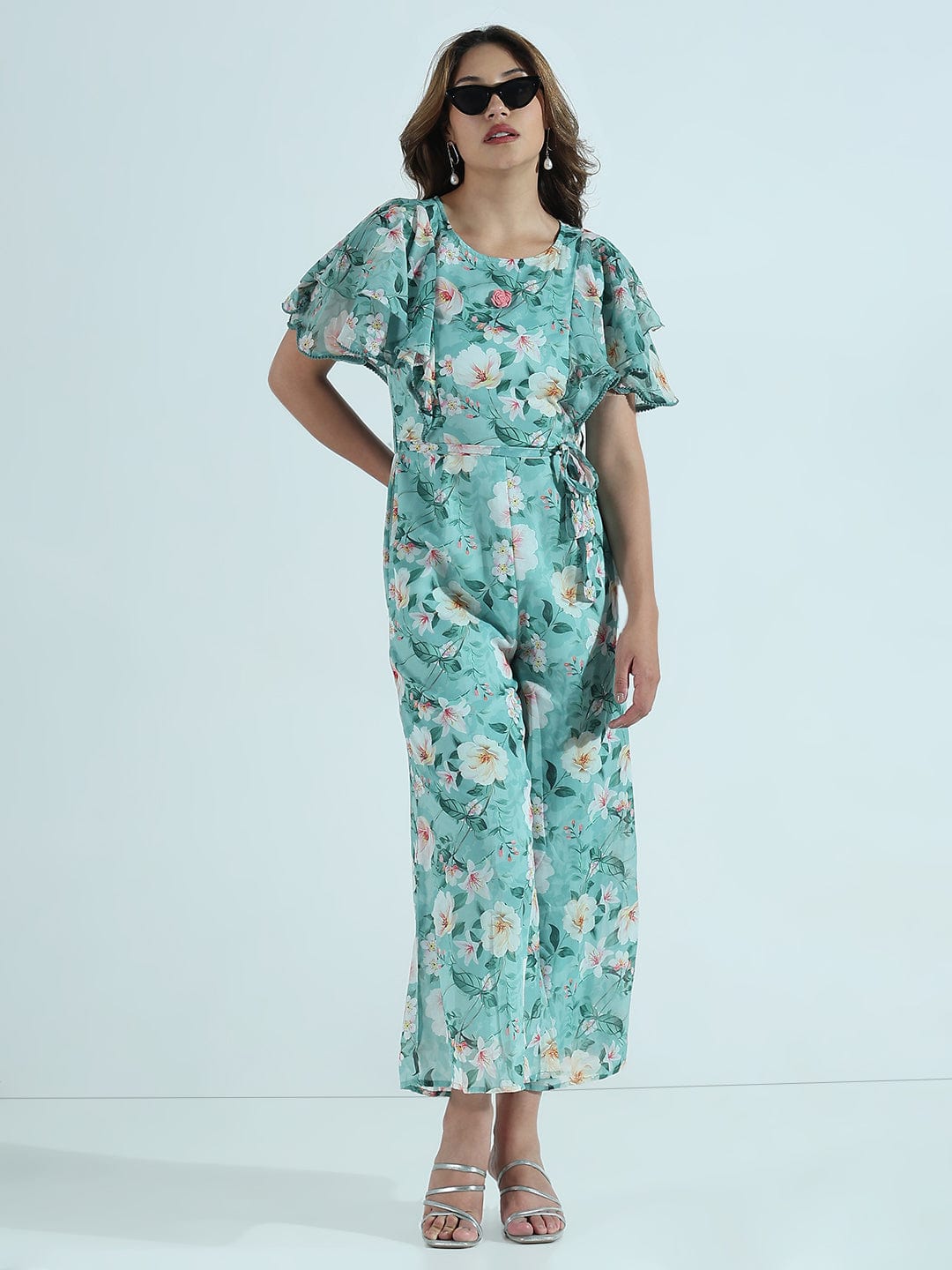 Women's Floral Sea Green Ruffle Sleeves Jumpsuit