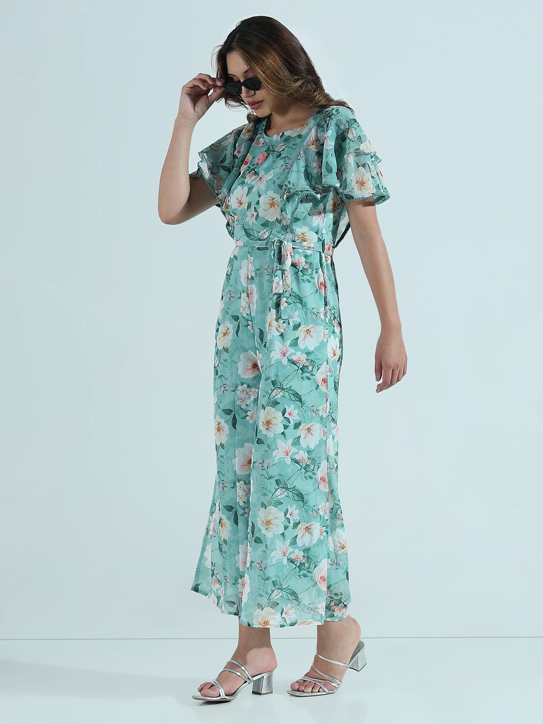 Women's Floral Sea Green Ruffle Sleeves Jumpsuit