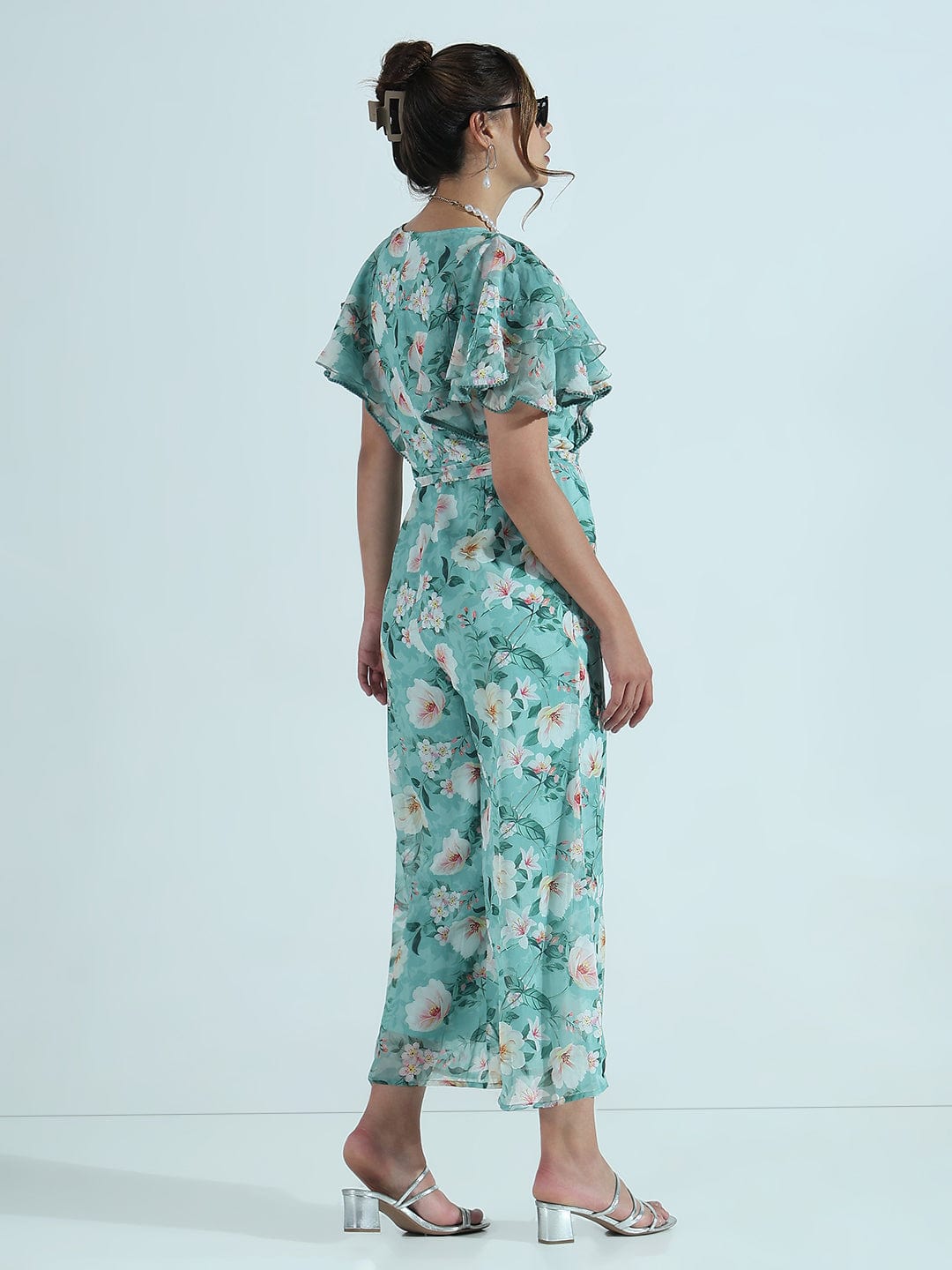 Women's Floral Sea Green Ruffle Sleeves Jumpsuit