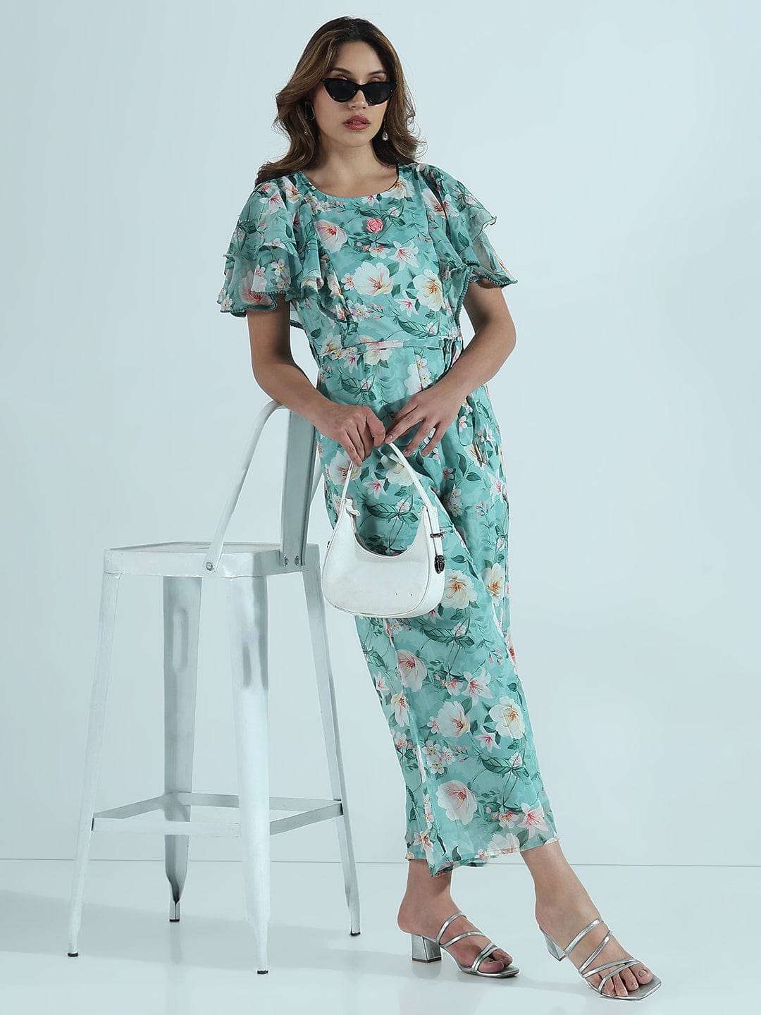 Women's Floral Sea Green Ruffle Sleeves Jumpsuit