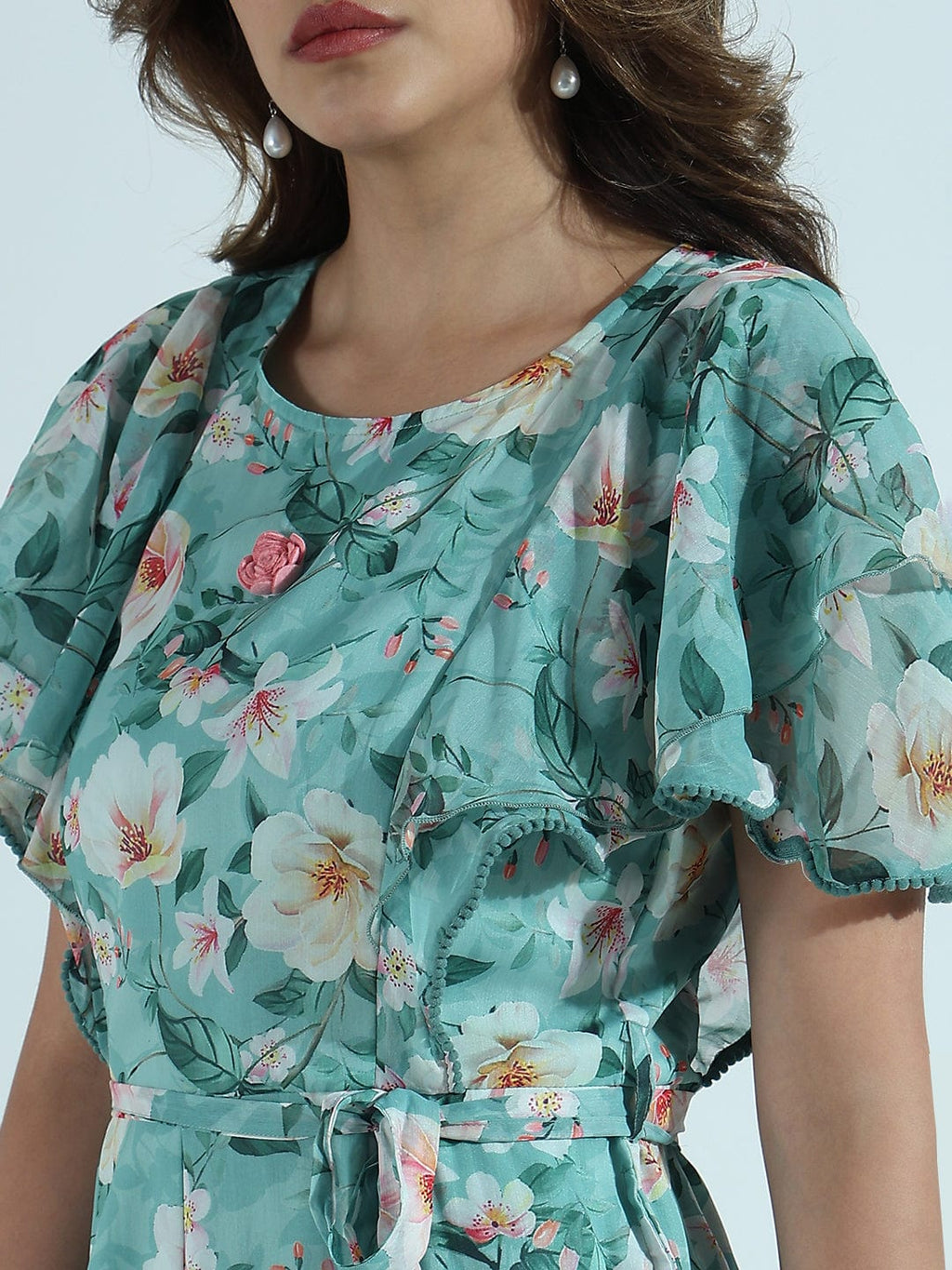 Women's Floral Sea Green Ruffle Sleeves Jumpsuit