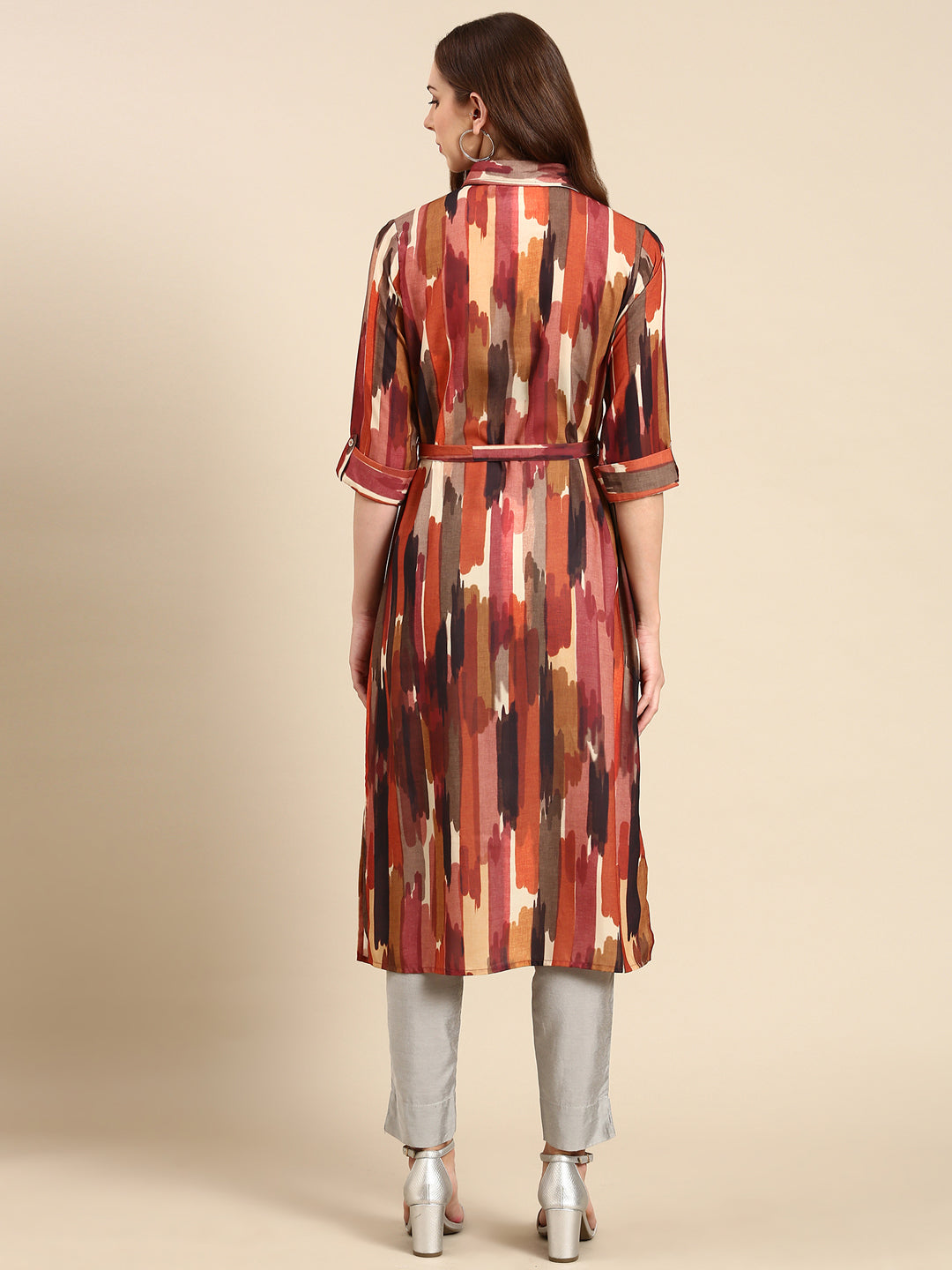 Women's Multi Shirt Collar Abstract Printed Bead Work Straight Kurta