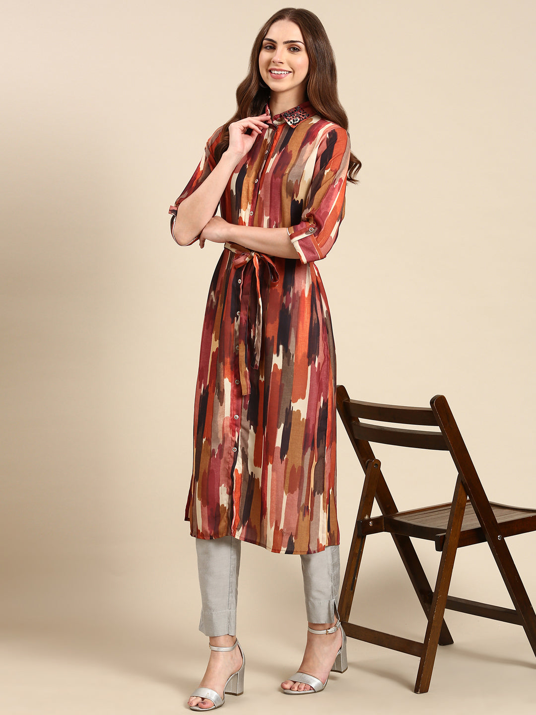 Women's Multi Shirt Collar Abstract Printed Bead Work Straight Kurta