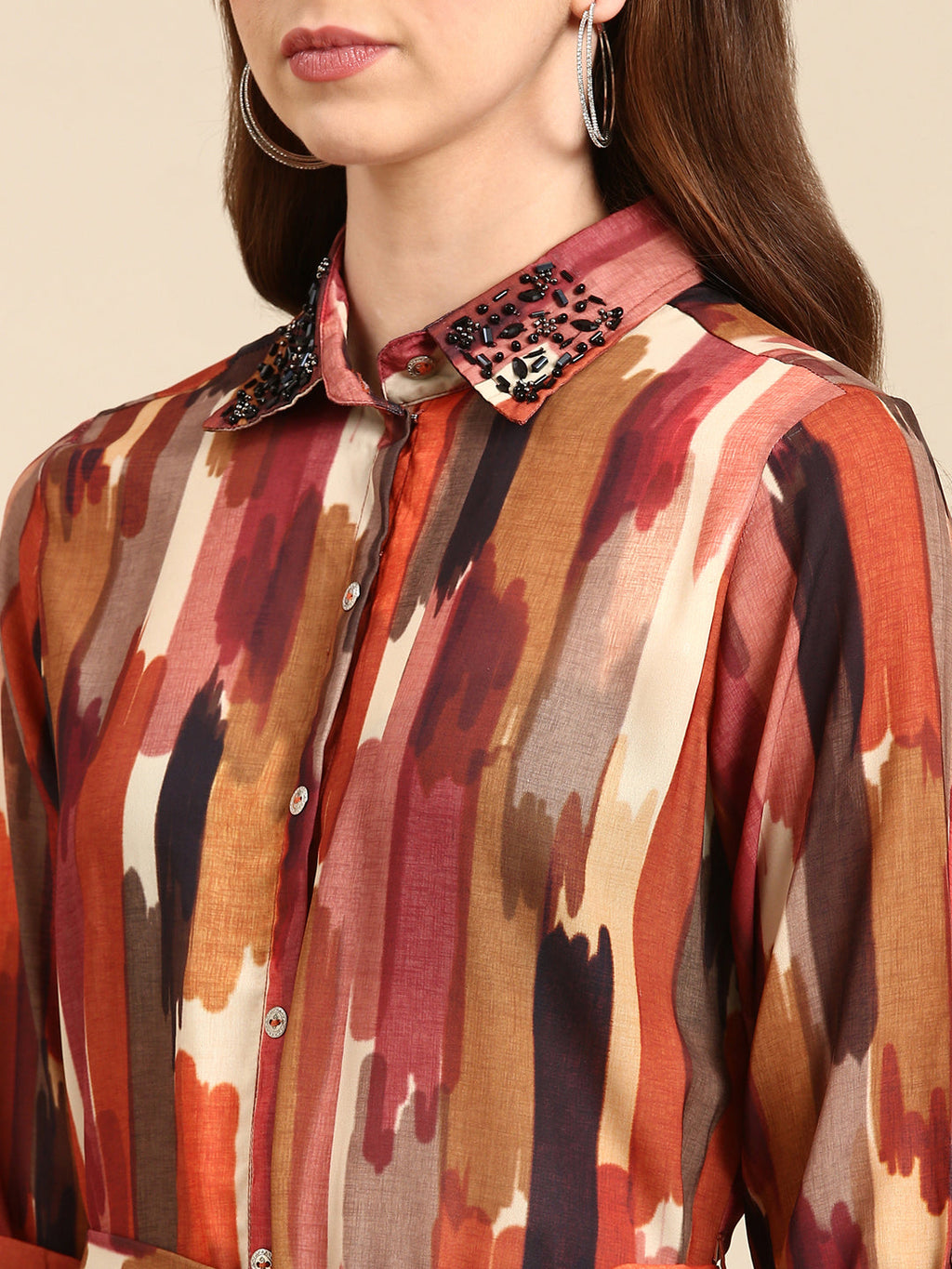 Women's Multi Shirt Collar Abstract Printed Bead Work Straight Kurta