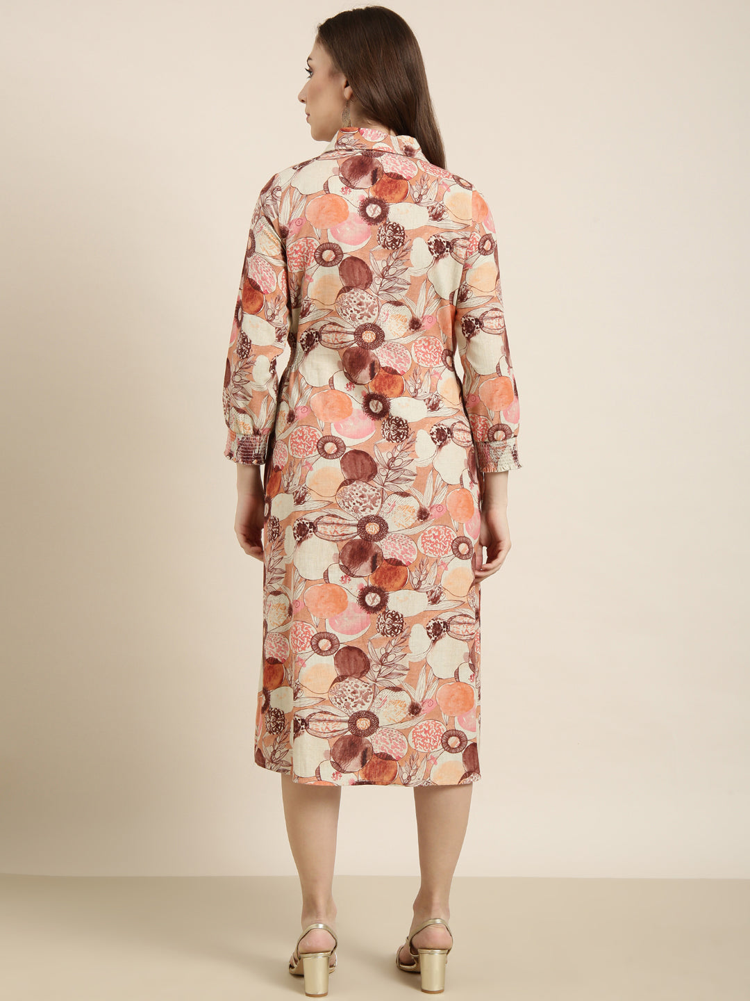 Women's Brown Floral Print Three-Quarter Sleeves Shirt Midi Dress