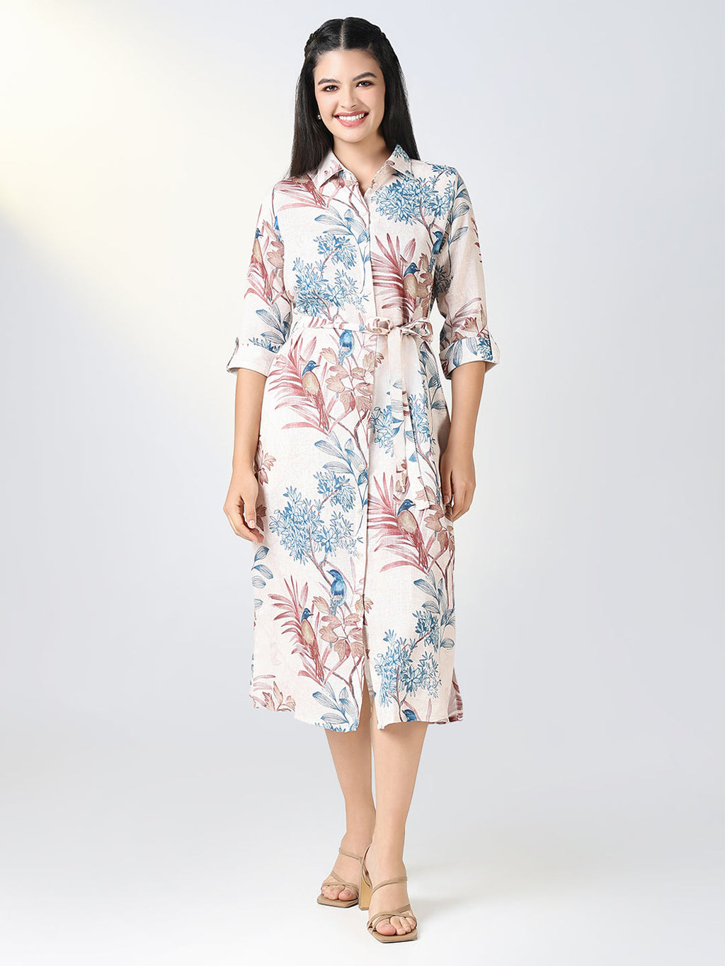 Women's Cream Floral Print Shirt Dress with Belt