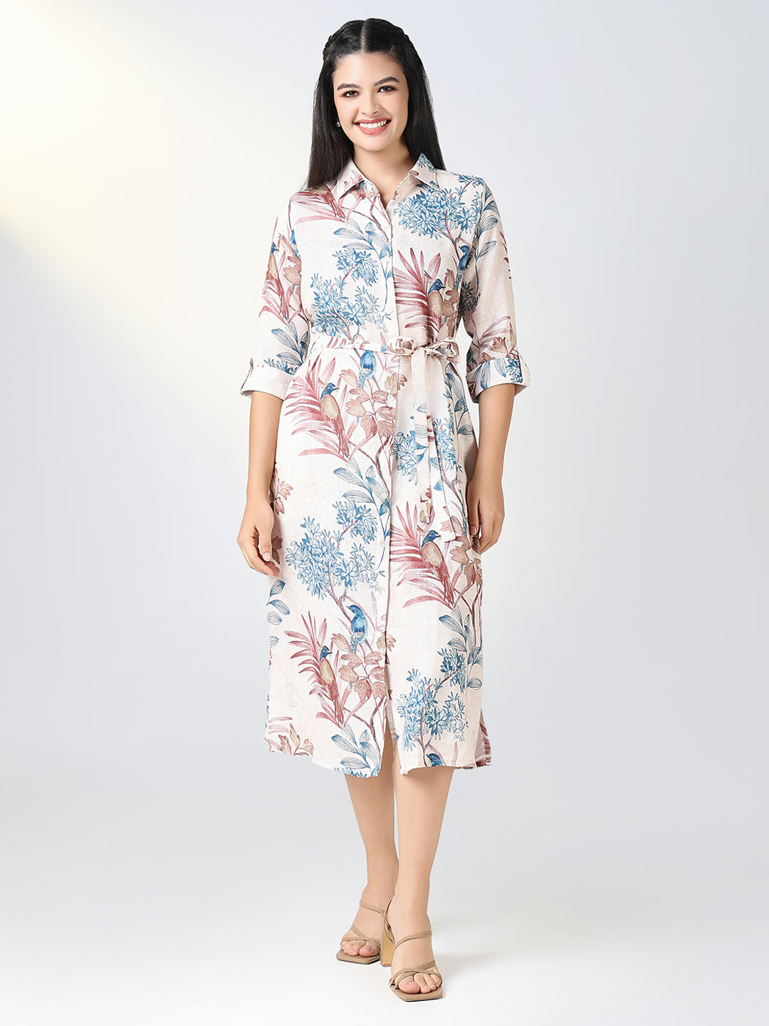 Women's Cream Floral Print Shirt Dress with Belt