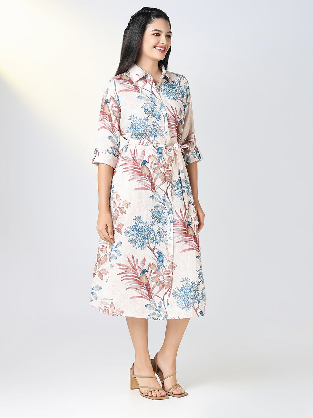 Women's Cream Floral Print Shirt Dress with Belt