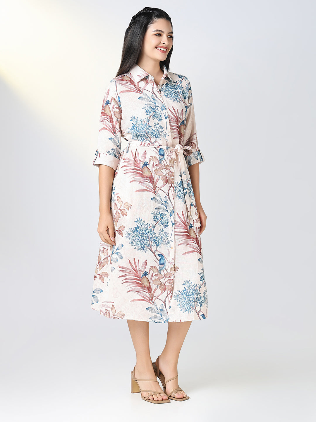 Women's Cream Floral Print Shirt Dress with Belt