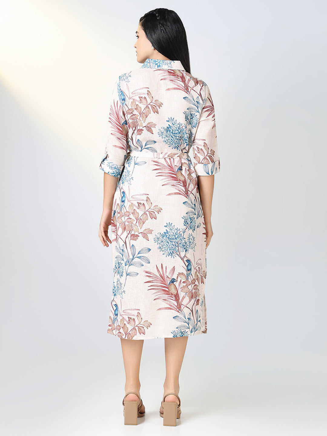 Women's Cream Floral Print Shirt Dress with Belt