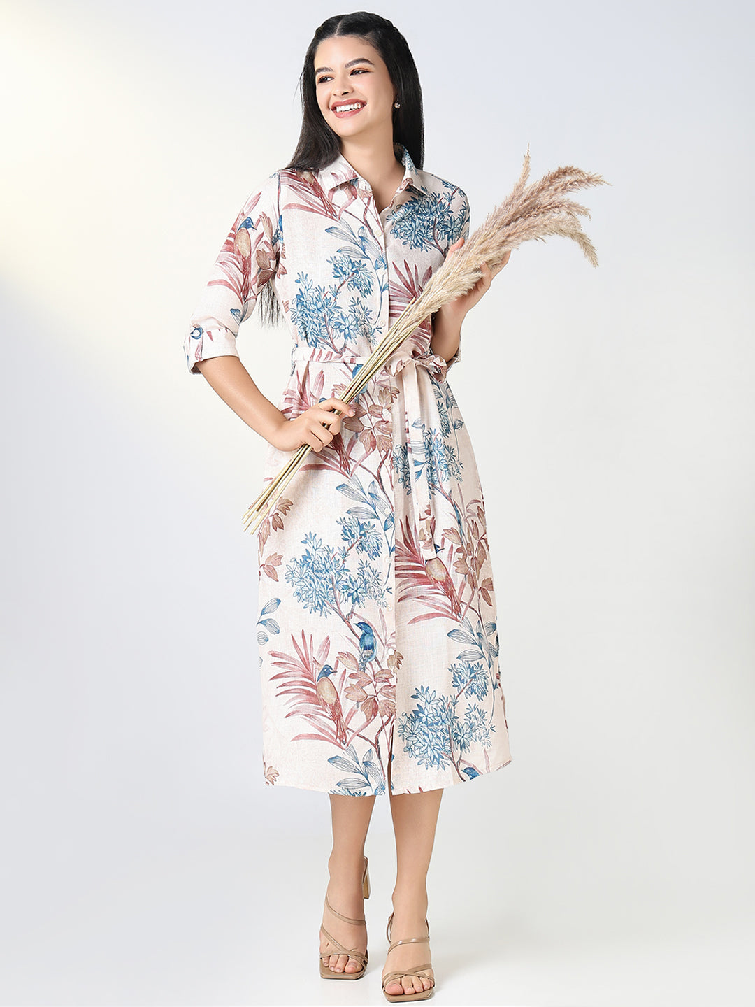 Women's Cream Floral Print Shirt Dress with Belt