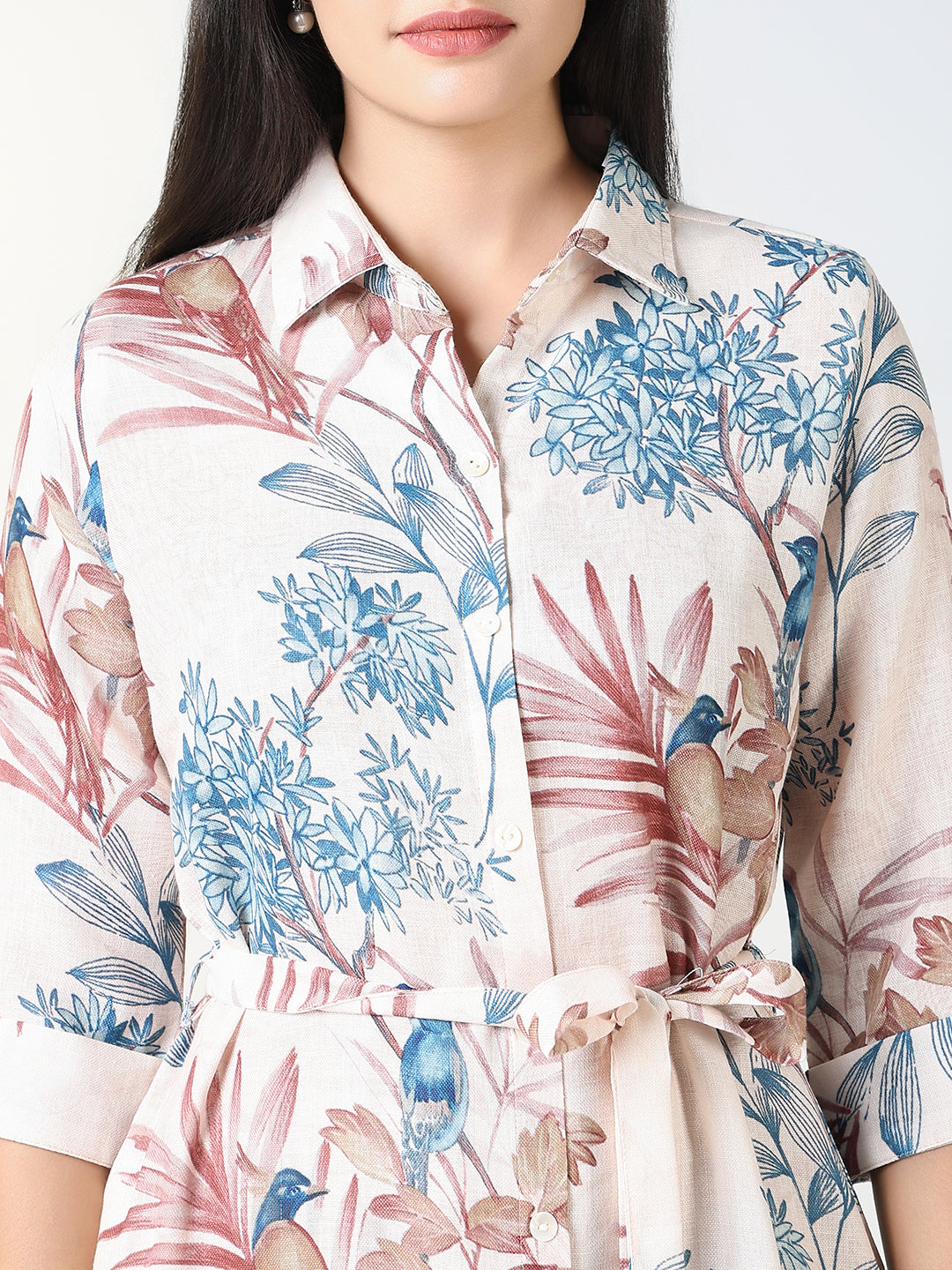 Women's Cream Floral Print Shirt Dress with Belt