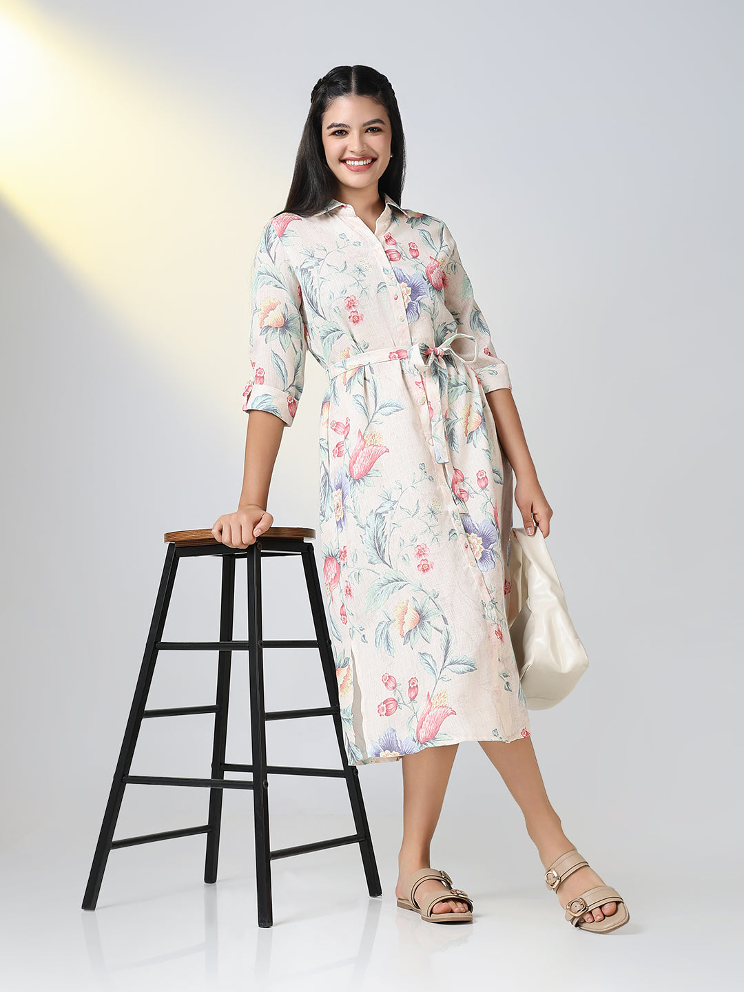Women's Cream Floral Print Shirt Dress with Belt
