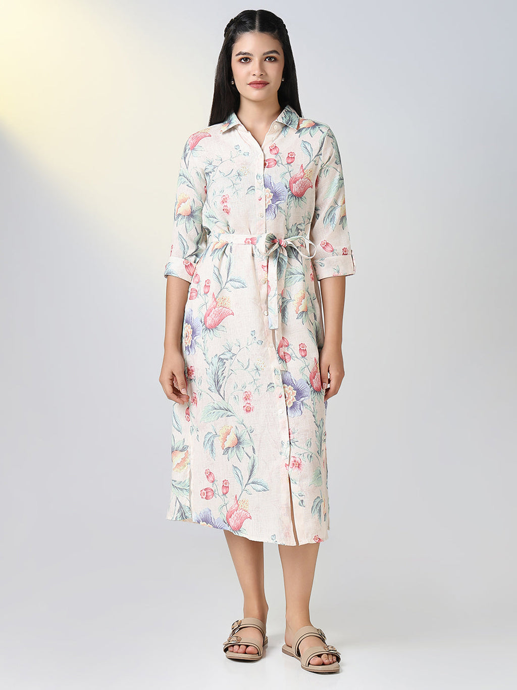Women's Cream Floral Print Shirt Dress with Belt