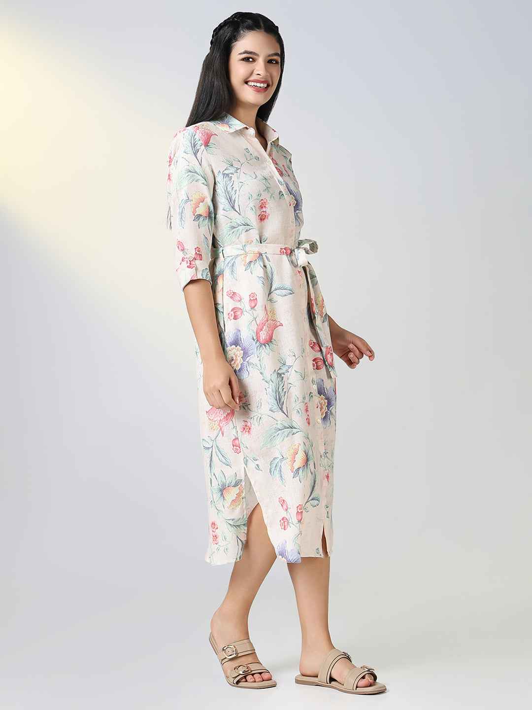 Women's Cream Floral Print Shirt Dress with Belt