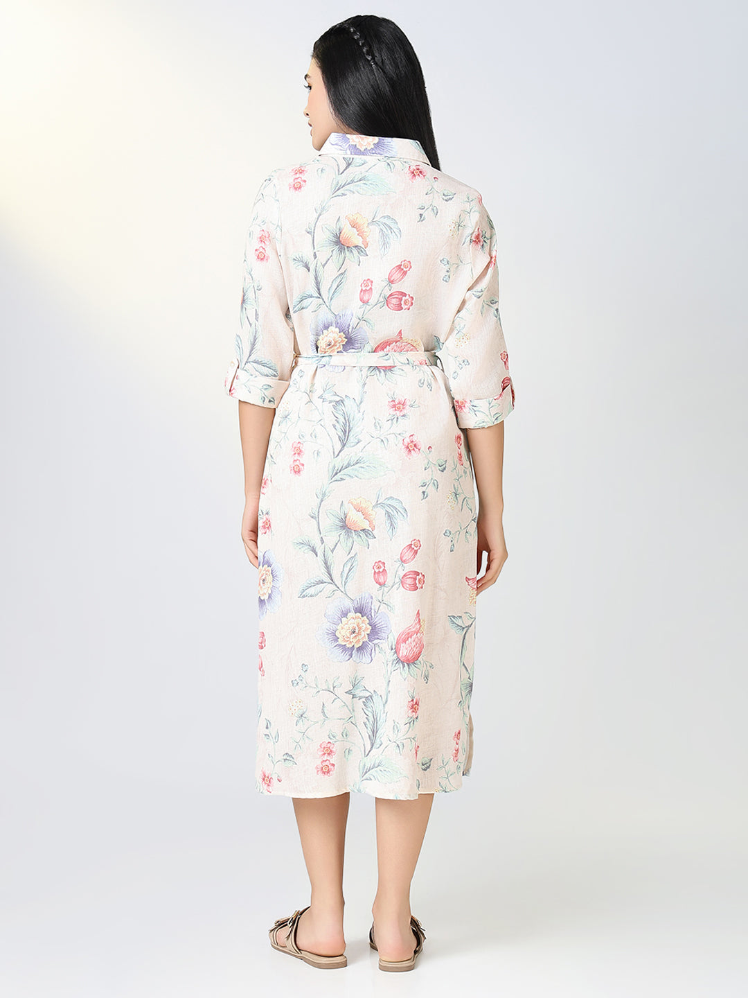 Women's Cream Floral Print Shirt Dress with Belt