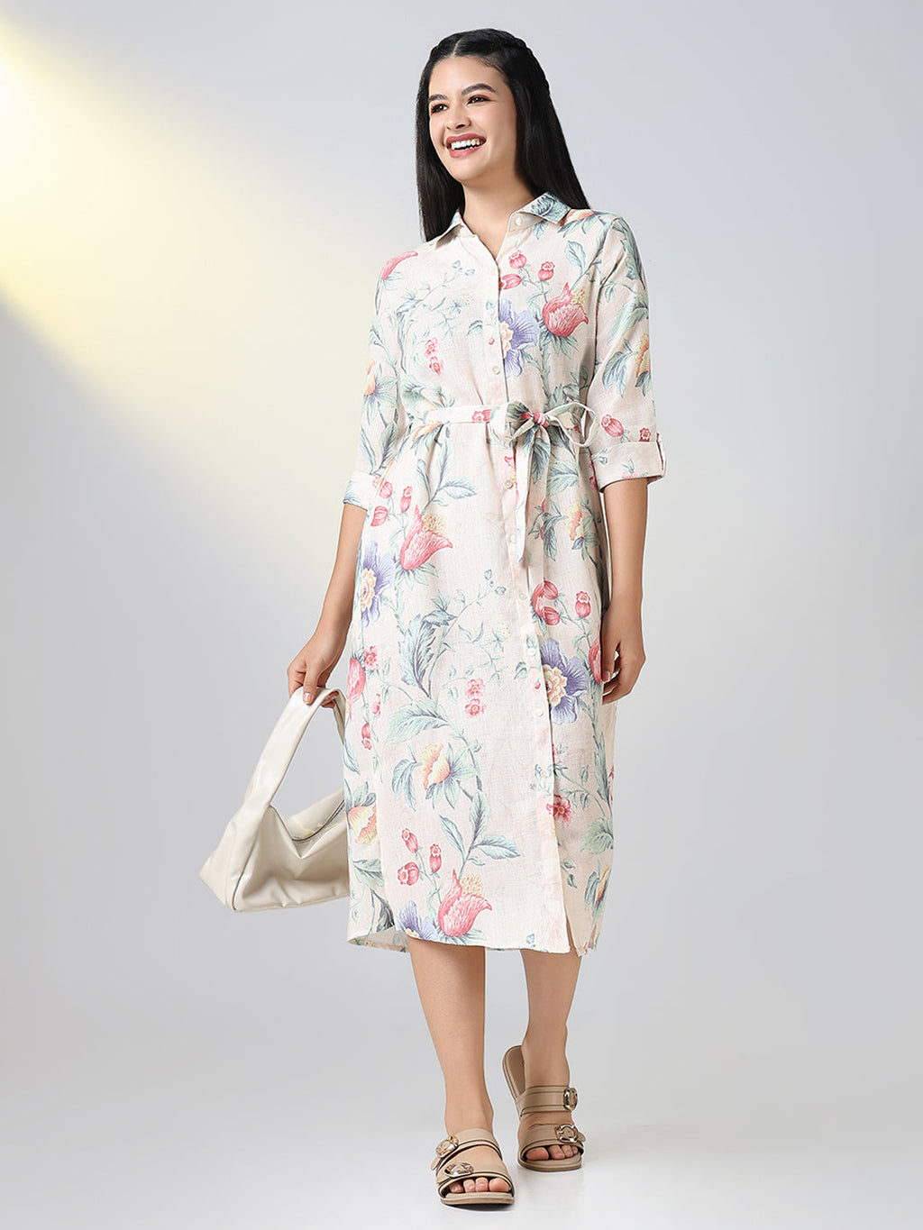 Women's Cream Floral Print Shirt Dress with Belt