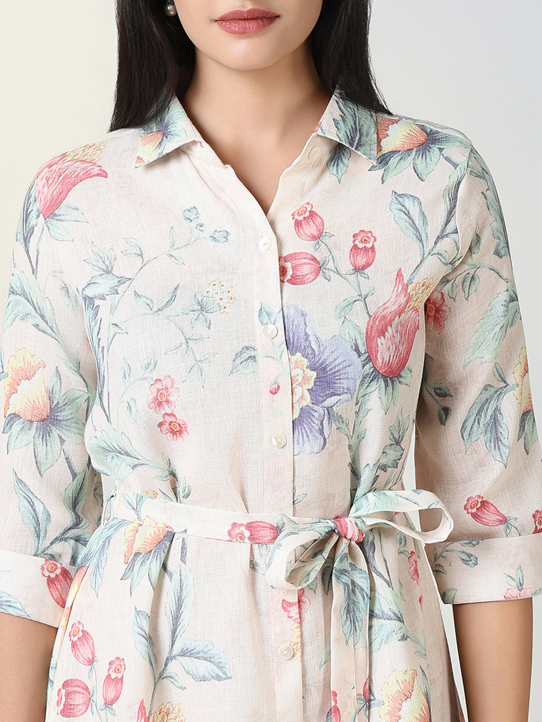 Women's Cream Floral Print Shirt Dress with Belt