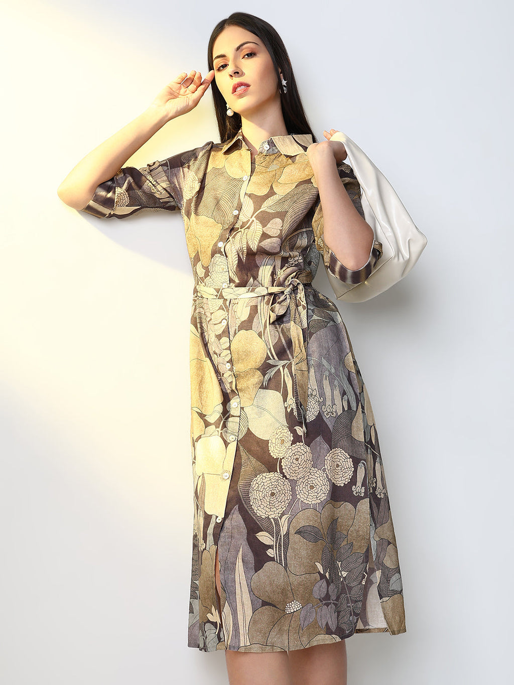 Women's Grey Floral A Line Dress with Belt
